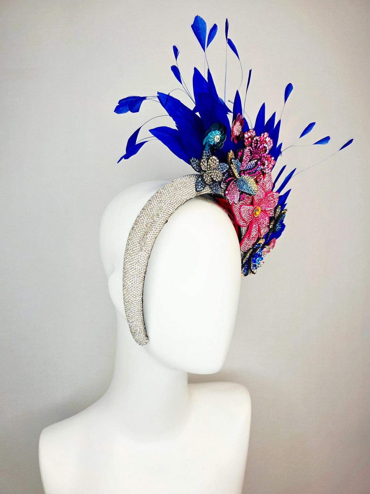 kentucky derby hat fascinator Swarovski crystal headband with blue yellow gold red pink crystal flowers and cobalt royal blue feathers