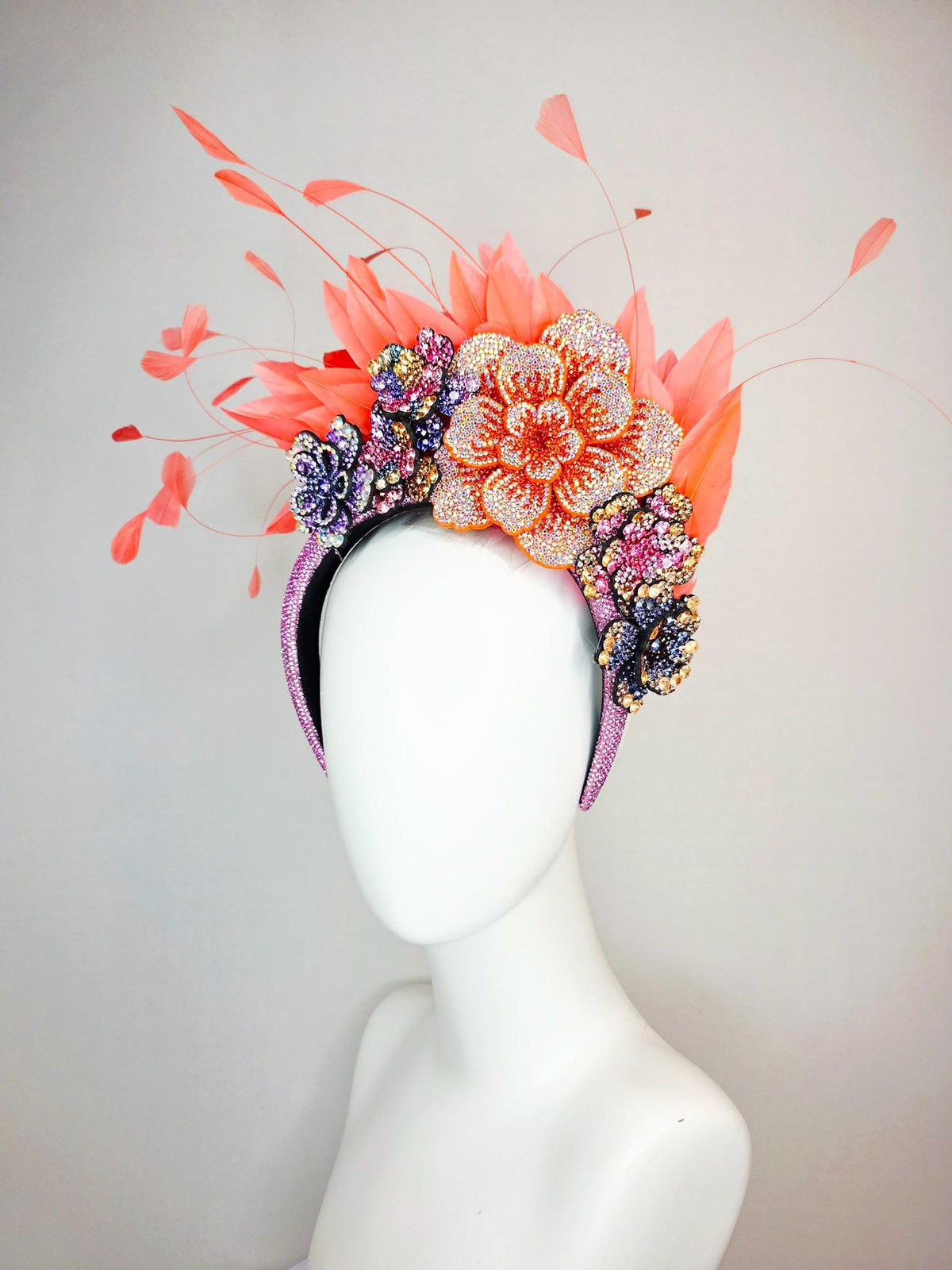 kentucky derby hat fascinator pink Swarovski crystal headband lavender purple pink blue gold orange crystal flowers coral orange feathers