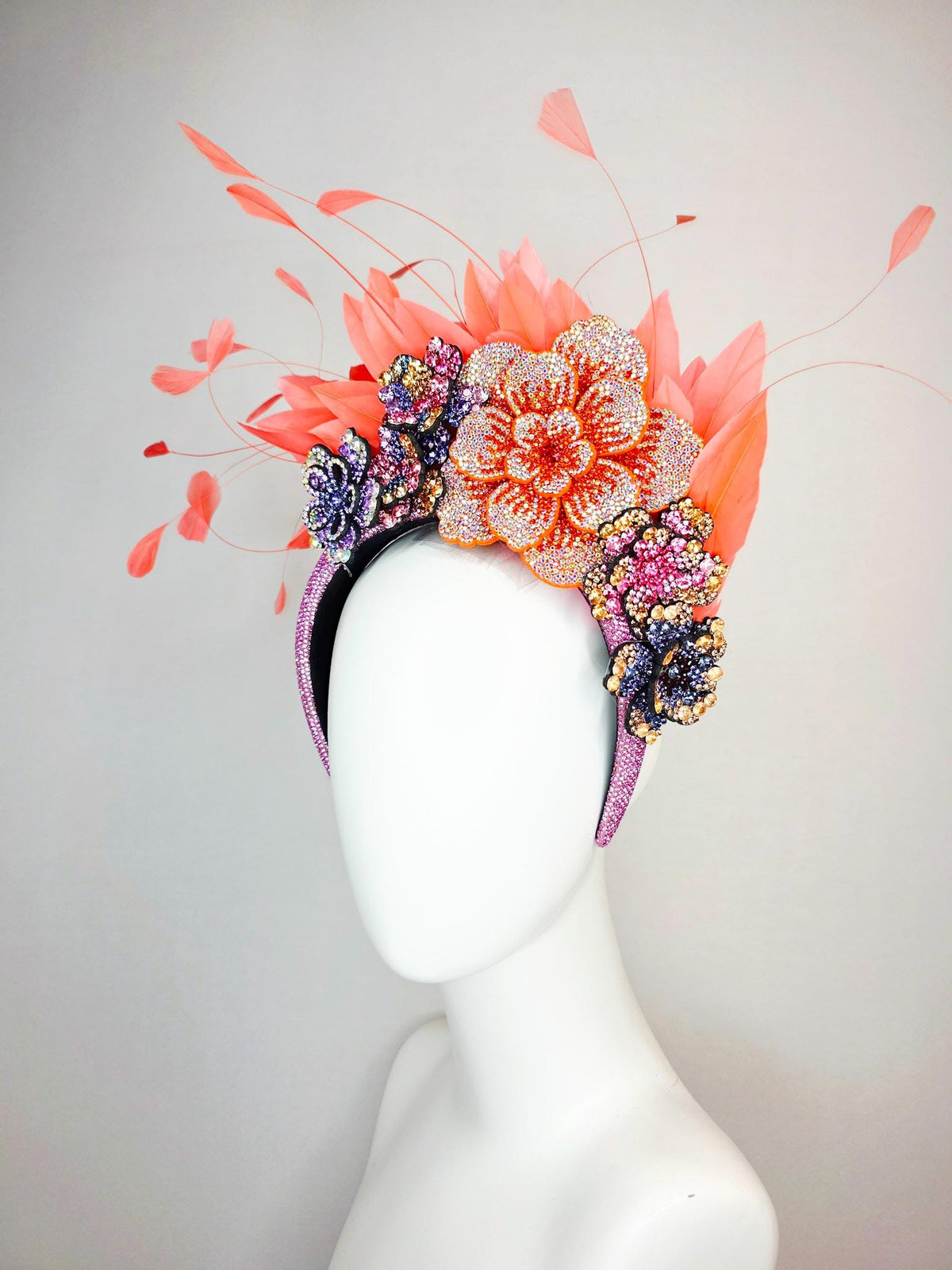 kentucky derby hat fascinator pink Swarovski crystal headband lavender purple pink blue gold orange crystal flowers coral orange feathers