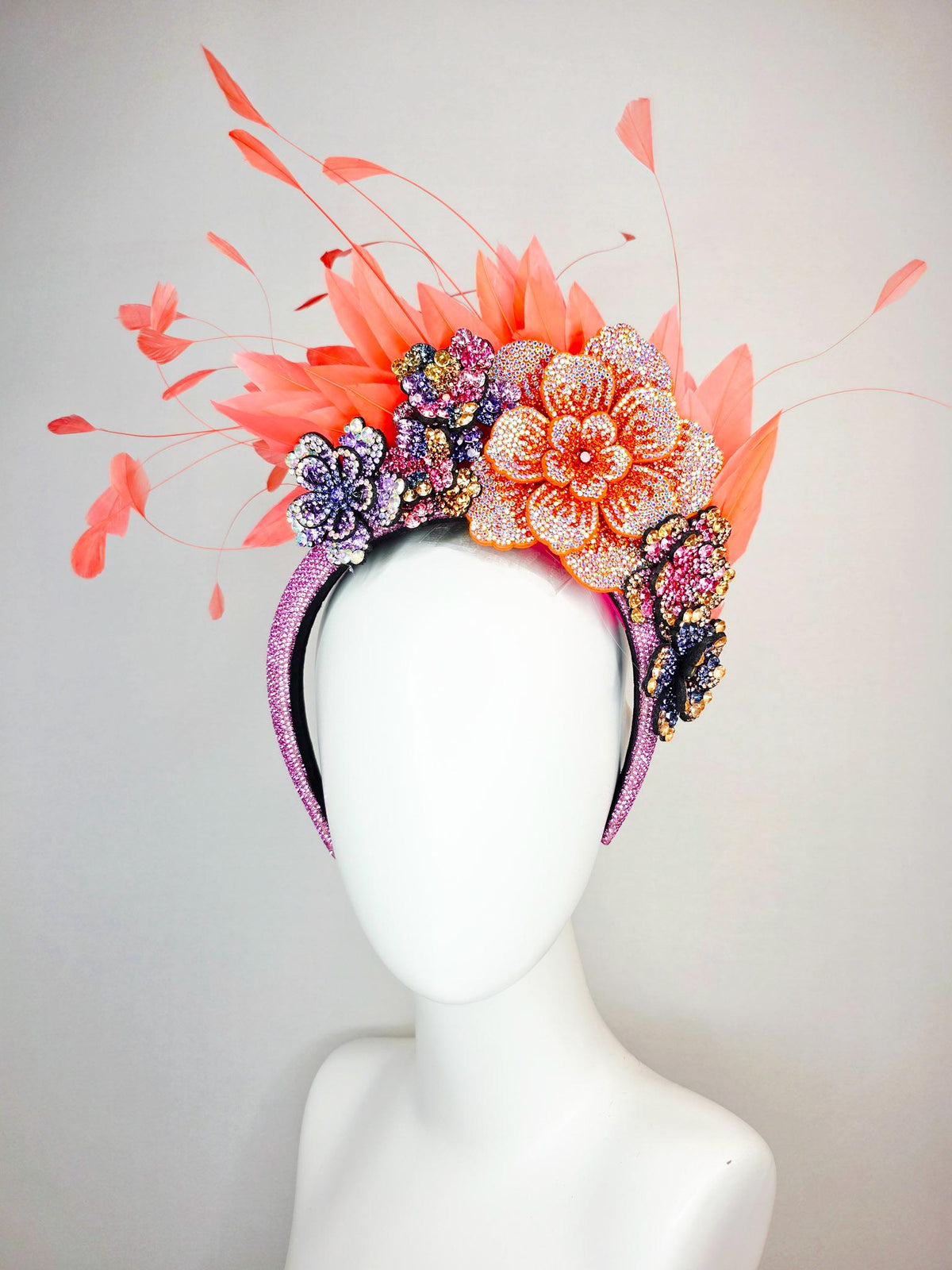kentucky derby hat fascinator pink Swarovski crystal headband lavender purple pink blue gold orange crystal flowers coral orange feathers