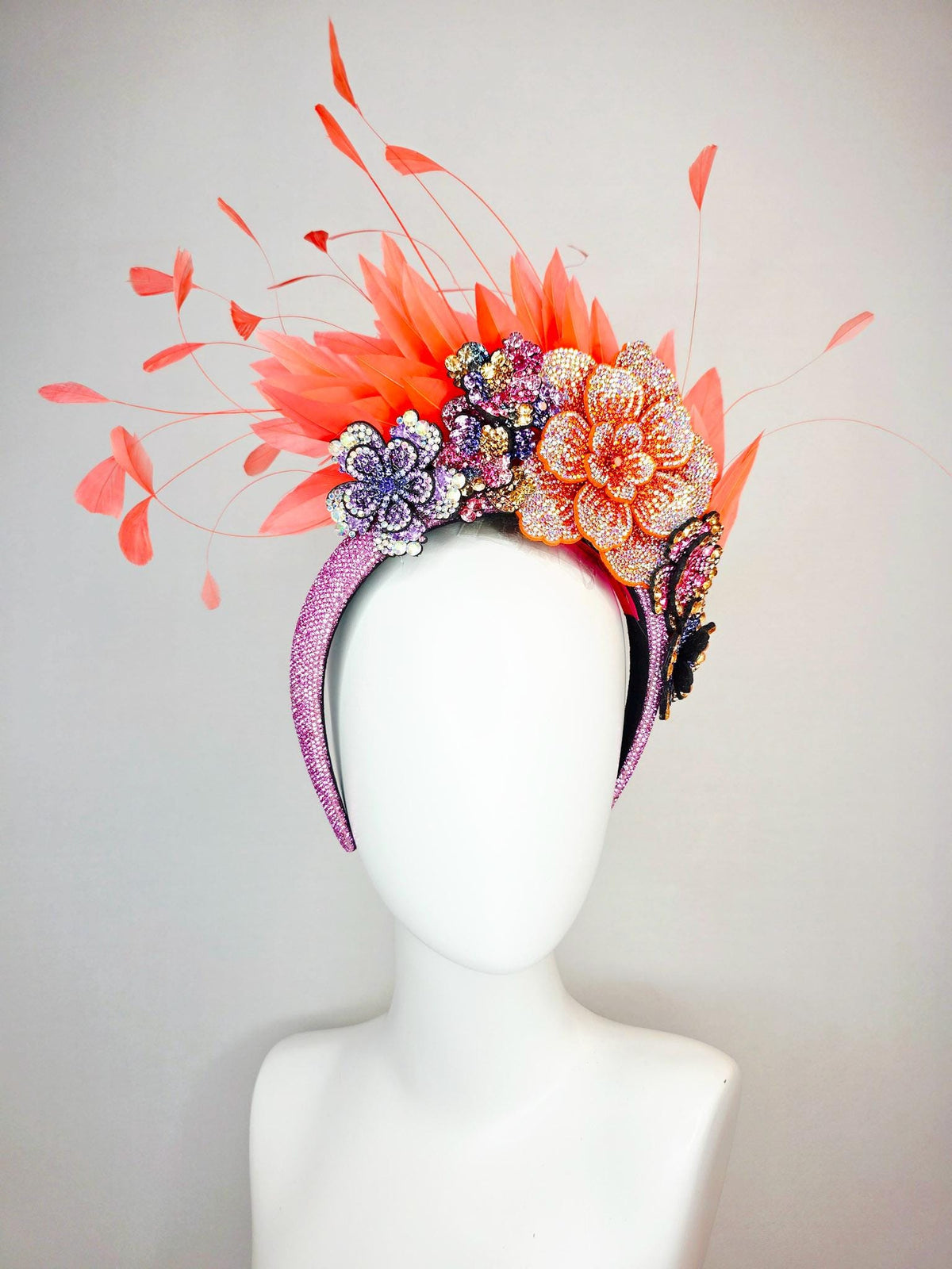 kentucky derby hat fascinator pink Swarovski crystal headband lavender purple pink blue gold orange crystal flowers coral orange feathers