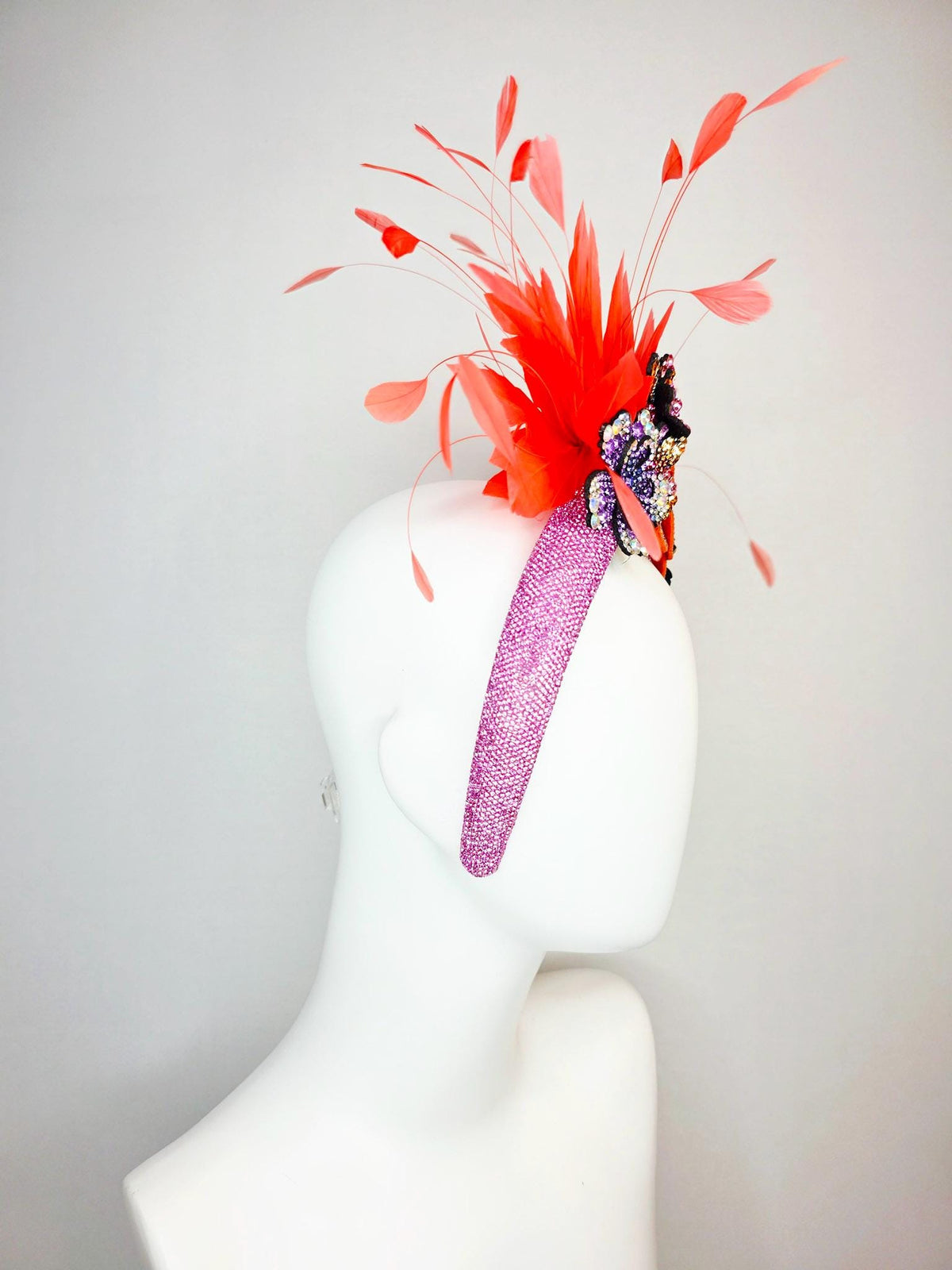 kentucky derby hat fascinator pink Swarovski crystal headband lavender purple pink blue gold orange crystal flowers coral orange feathers