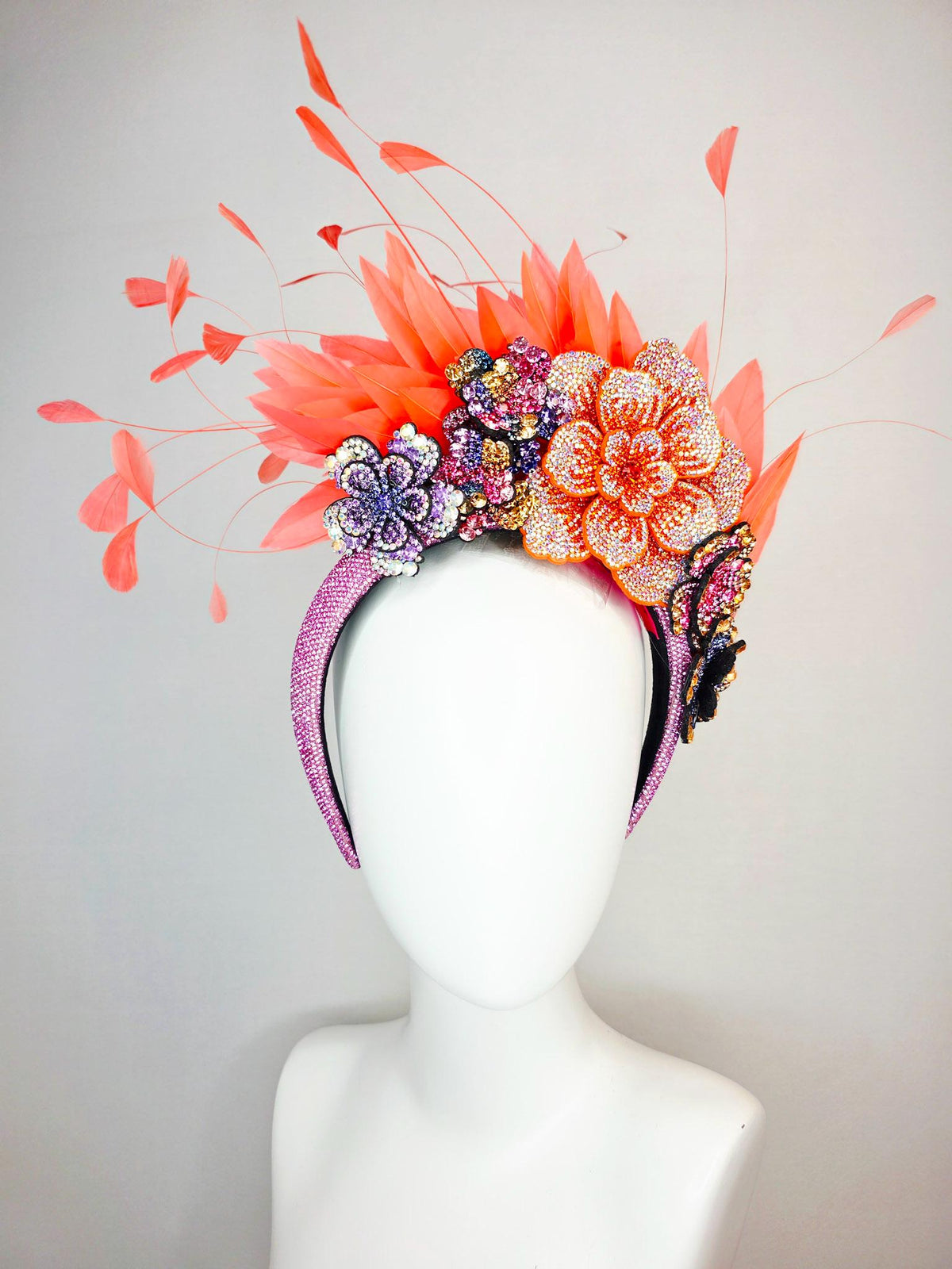 kentucky derby hat fascinator pink Swarovski crystal headband lavender purple pink blue gold orange crystal flowers coral orange feathers