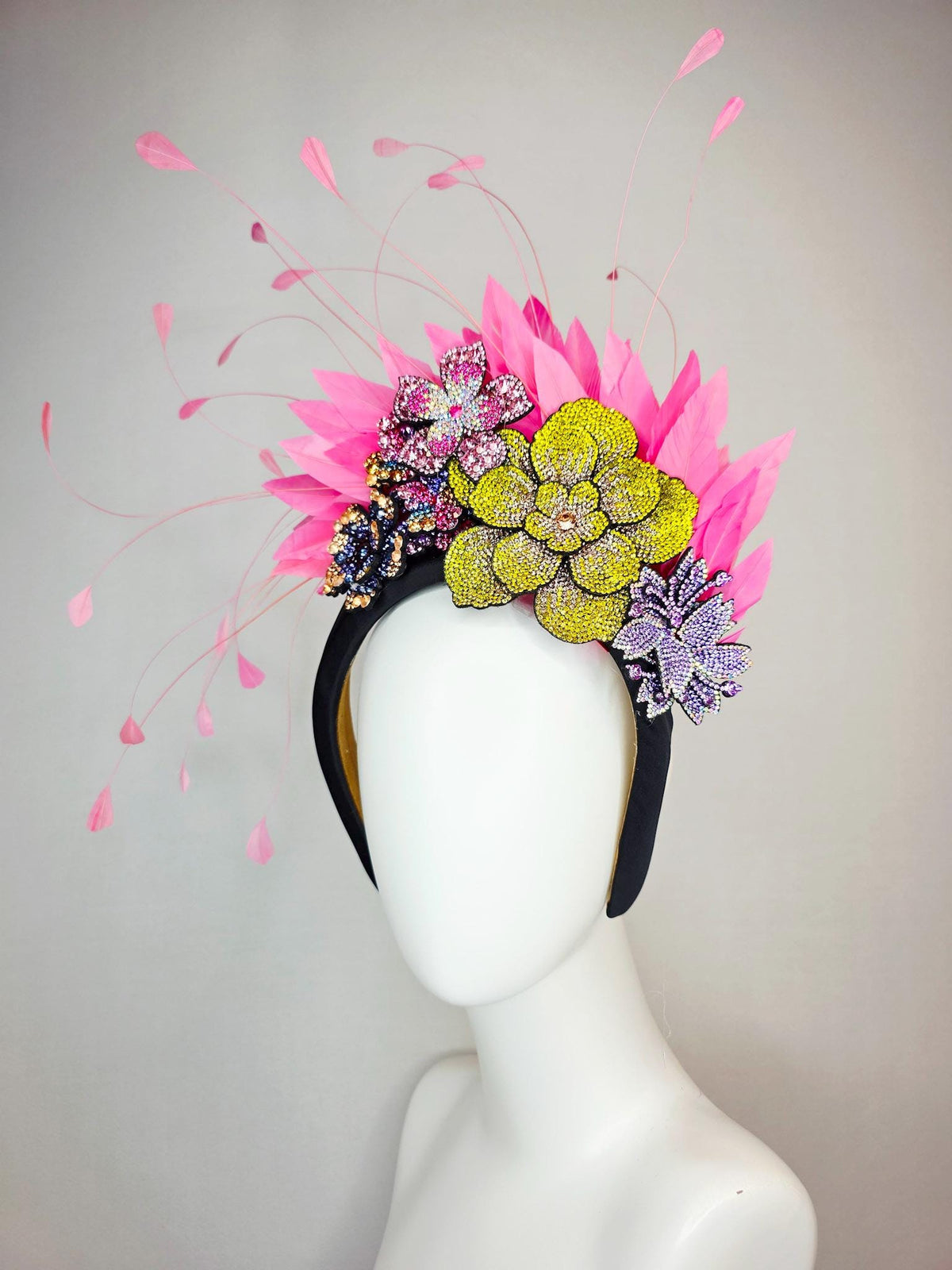 kentucky derby hat fascinator black satin headband with colorful lavender purple gold blue pink yellow crystal flowers blush pink feathers