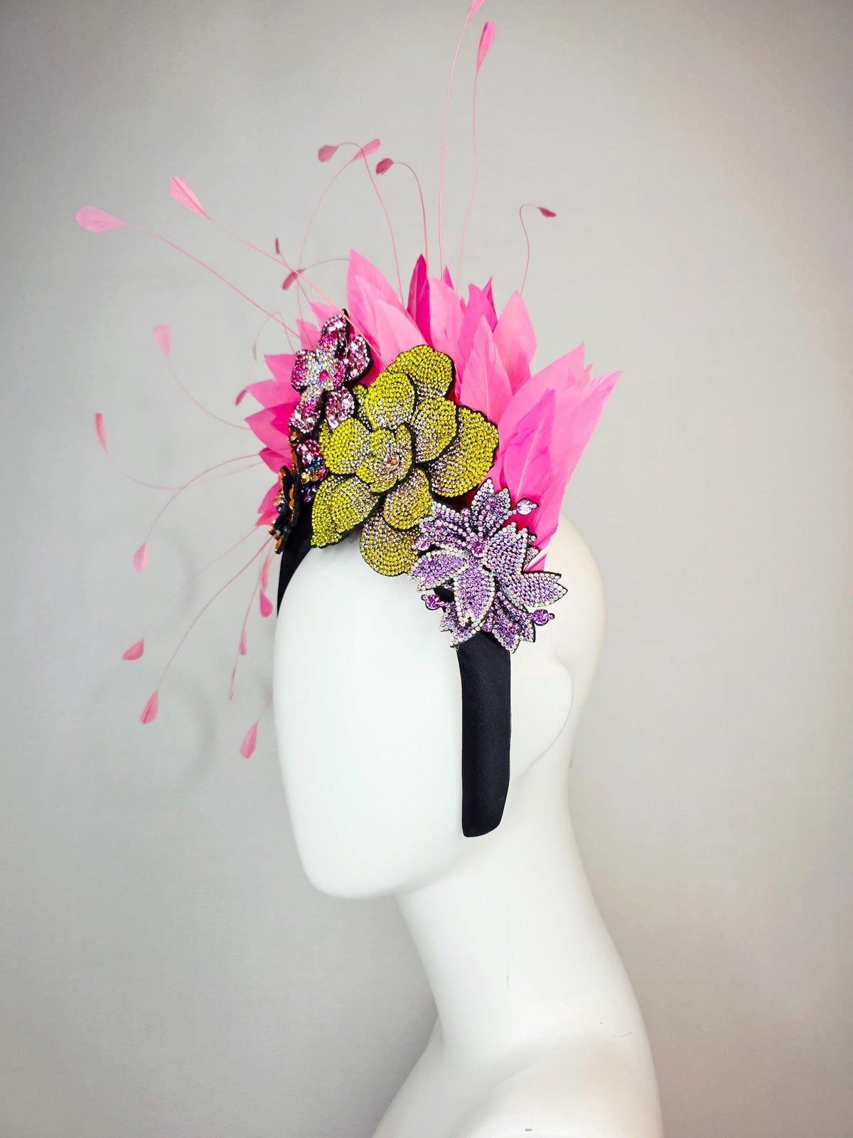 kentucky derby hat fascinator black satin headband with colorful lavender purple gold blue pink yellow crystal flowers blush pink feathers