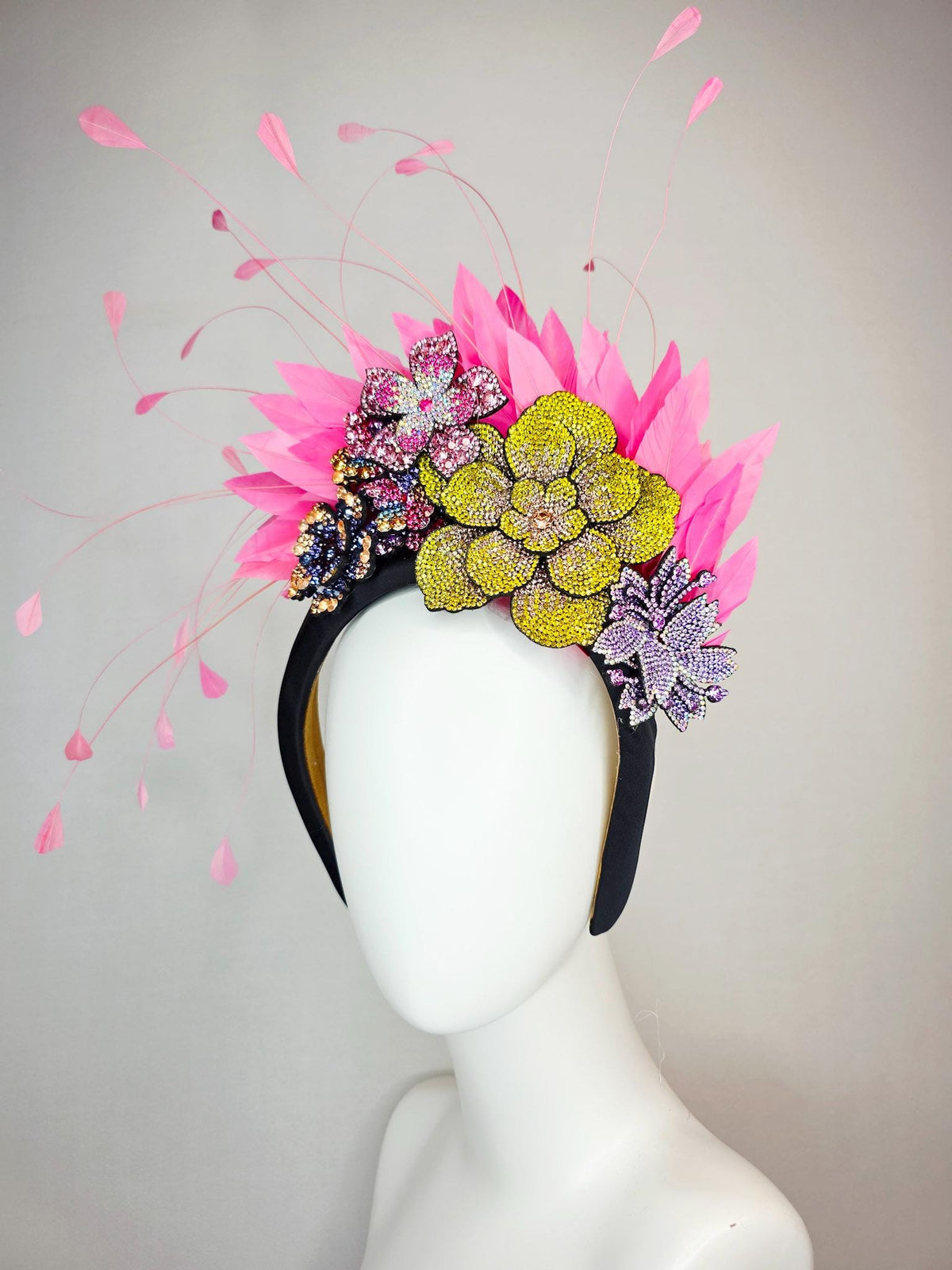 kentucky derby hat fascinator black satin headband with colorful lavender purple gold blue pink yellow crystal flowers blush pink feathers