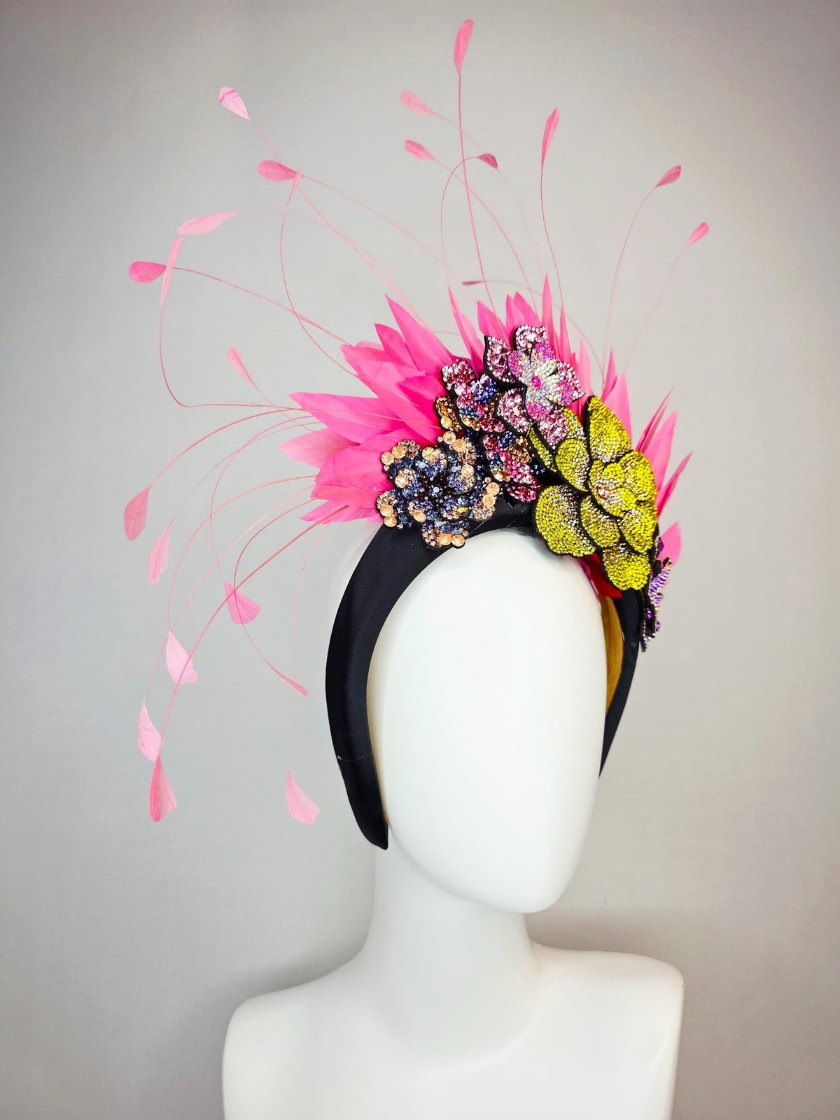 kentucky derby hat fascinator black satin headband with colorful lavender purple gold blue pink yellow crystal flowers blush pink feathers
