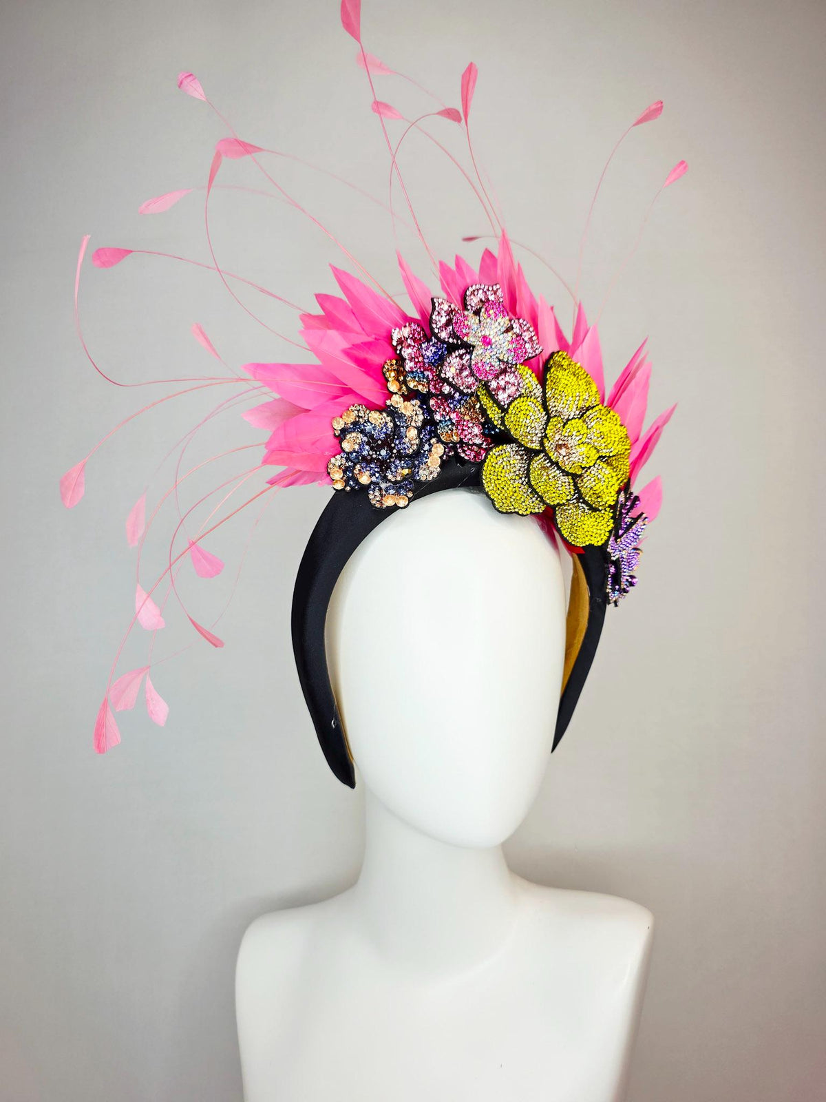 kentucky derby hat fascinator black satin headband with colorful lavender purple gold blue pink yellow crystal flowers blush pink feathers