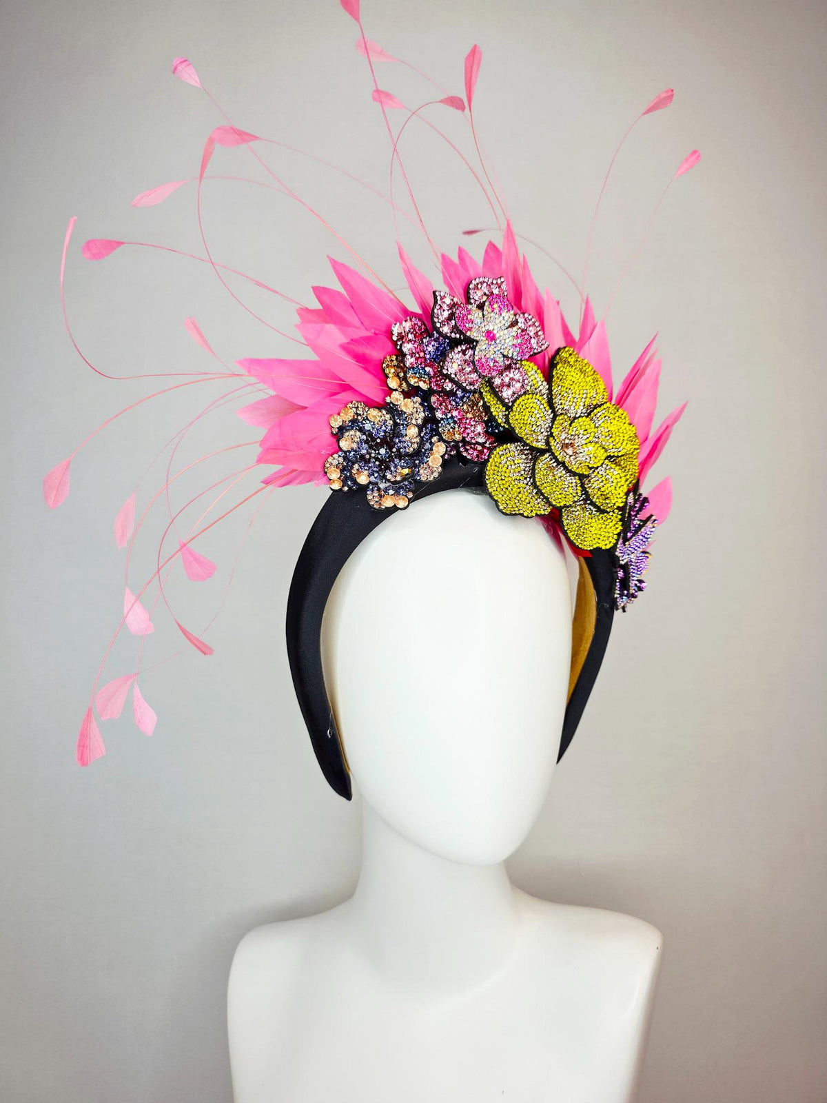 kentucky derby hat fascinator black satin headband with colorful lavender purple gold blue pink yellow crystal flowers blush pink feathers