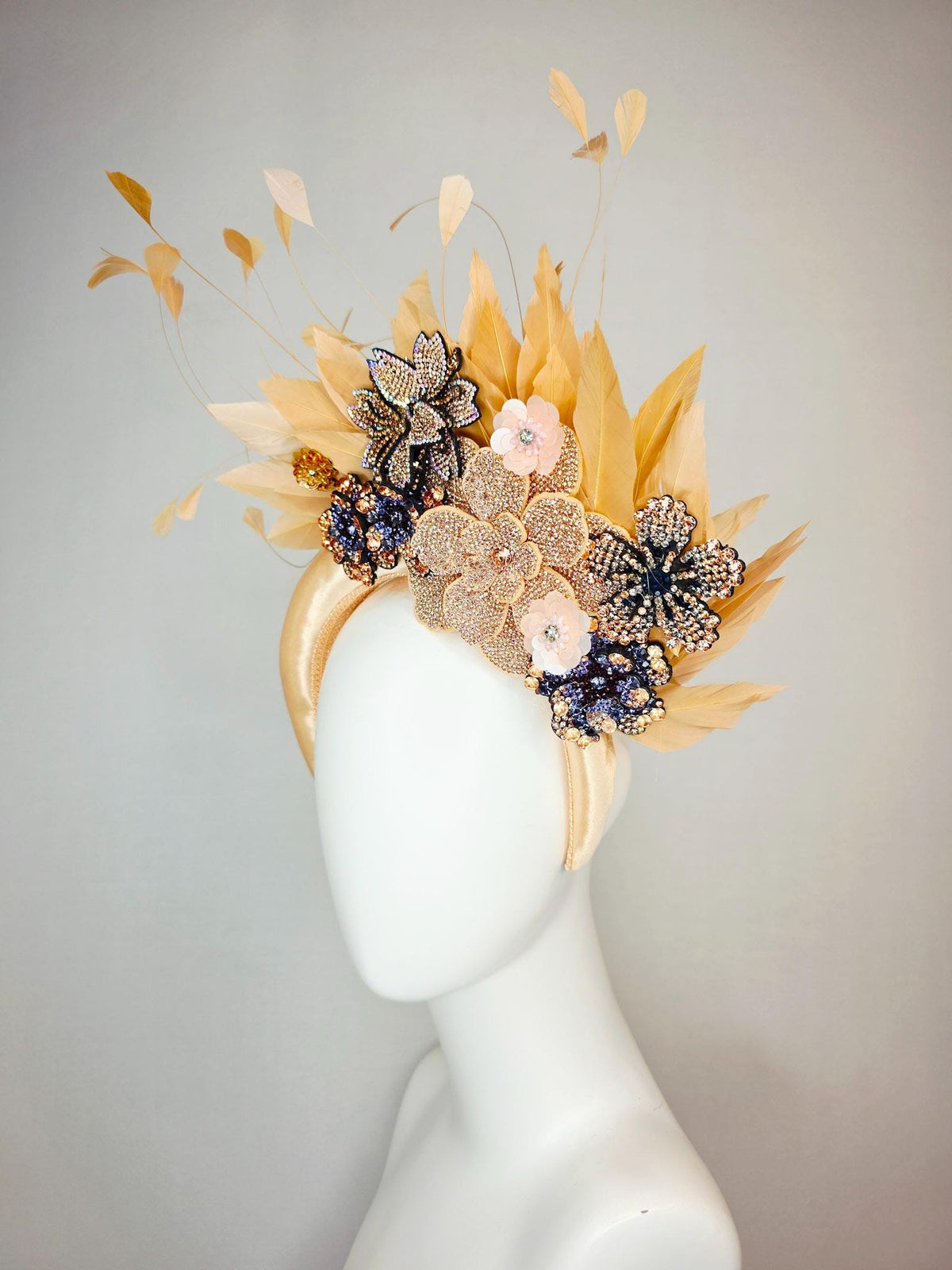 kentucky derby hat fascinator champagne gold satin headband with navy blue gold ivory crystal rhinestone flowers and tan beige gold feathers