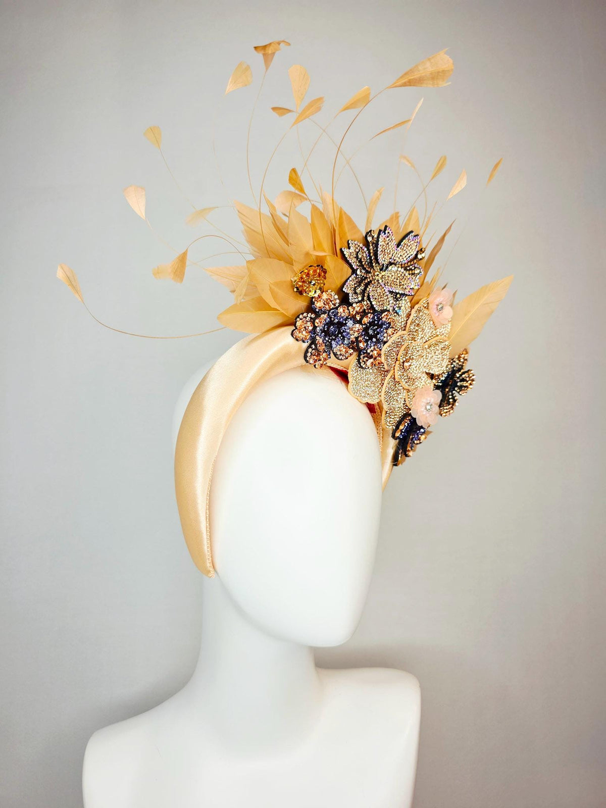 kentucky derby hat fascinator champagne gold satin headband with navy blue gold ivory crystal rhinestone flowers and tan beige gold feathers