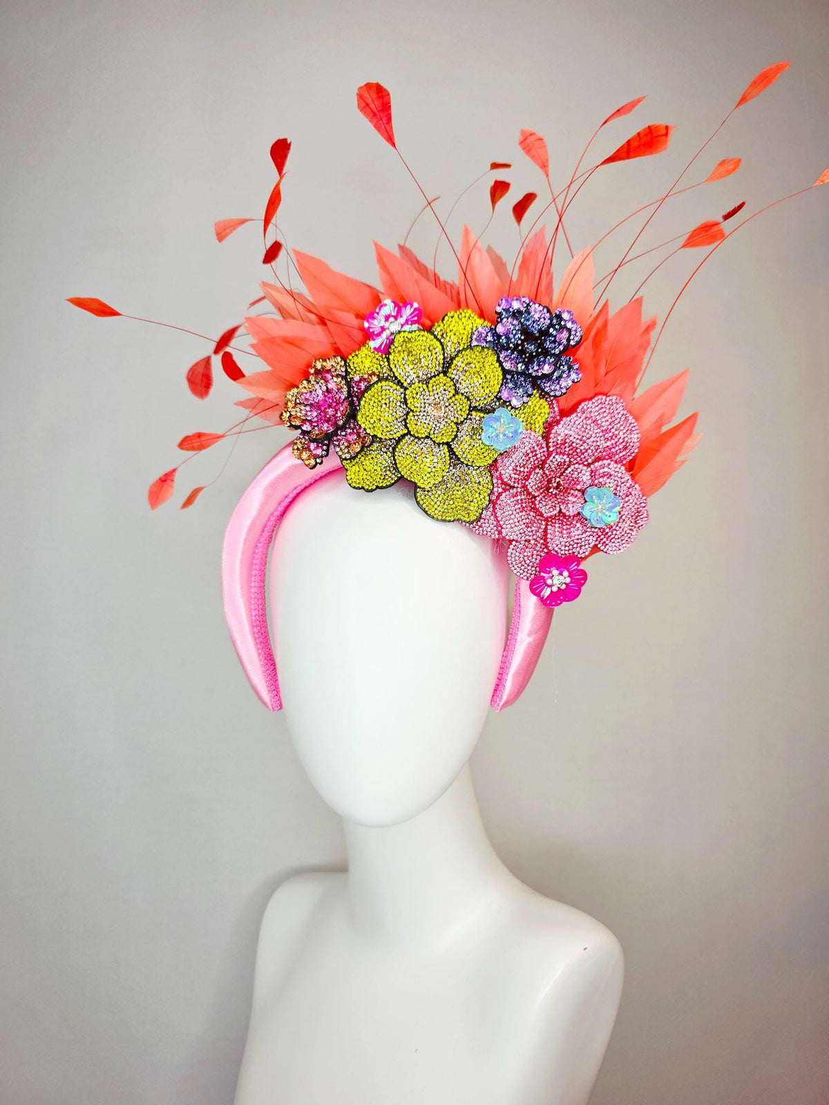 kentucky derby hat fascinator baby pink satin headband with colorful lavender purple yellow pink gold crystal flowers coral orange feathers
