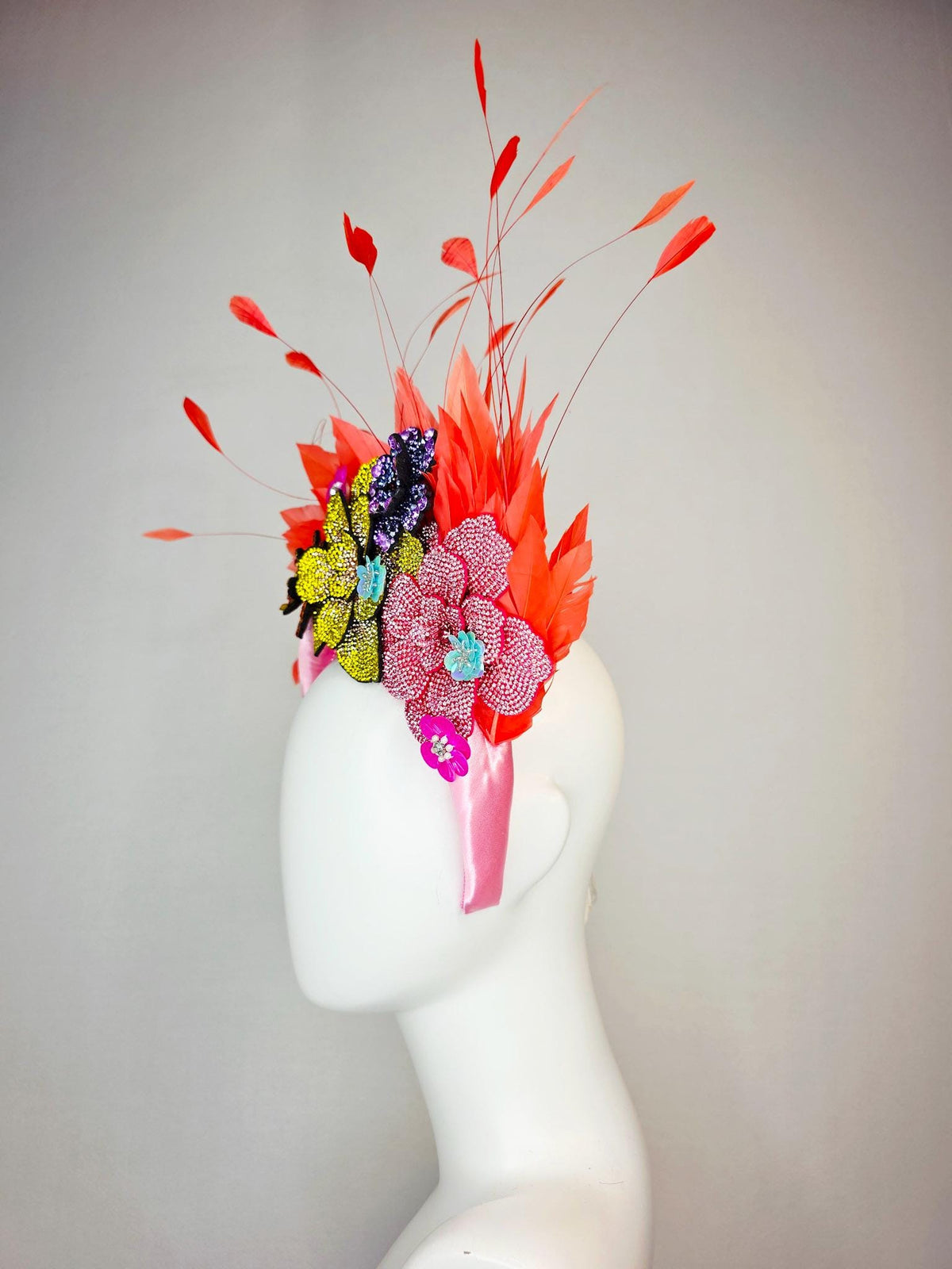 kentucky derby hat fascinator baby pink satin headband with colorful lavender purple yellow pink gold crystal flowers coral orange feathers