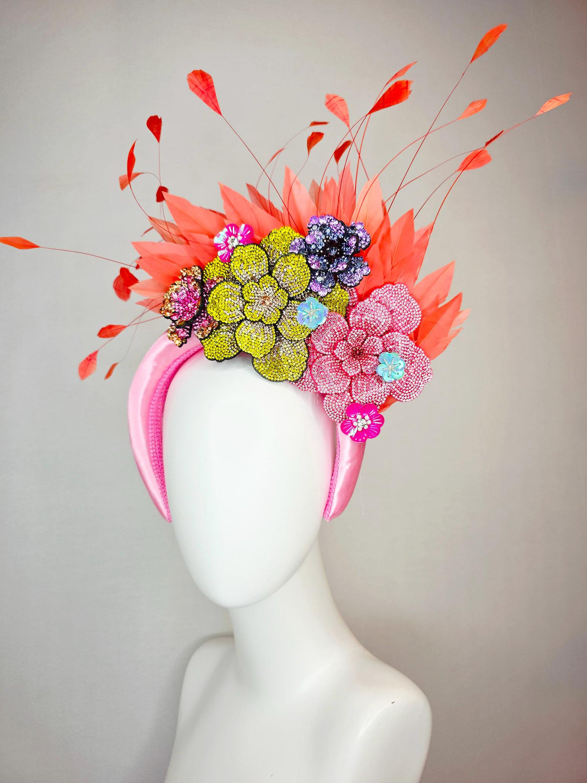 kentucky derby hat fascinator baby pink satin headband with colorful lavender purple yellow pink gold crystal flowers coral orange feathers