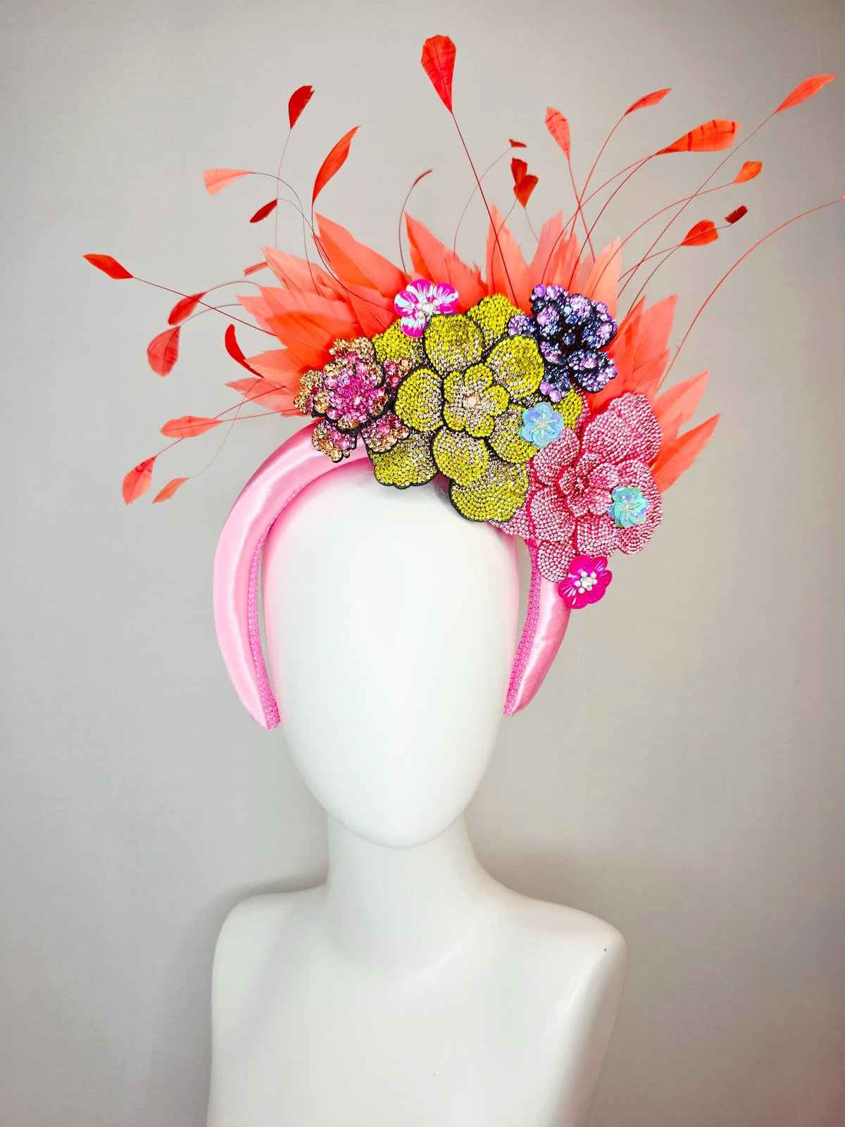 kentucky derby hat fascinator baby pink satin headband with colorful lavender purple yellow pink gold crystal flowers coral orange feathers