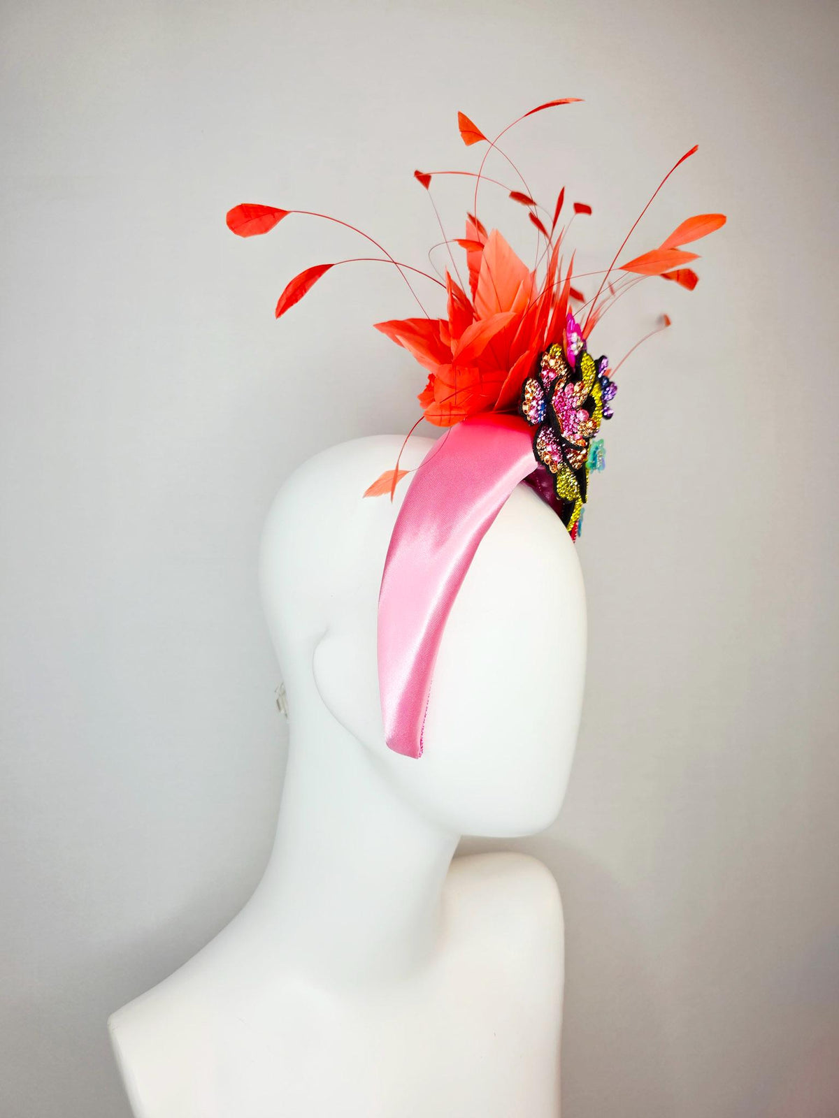kentucky derby hat fascinator baby pink satin headband with colorful lavender purple yellow pink gold crystal flowers coral orange feathers