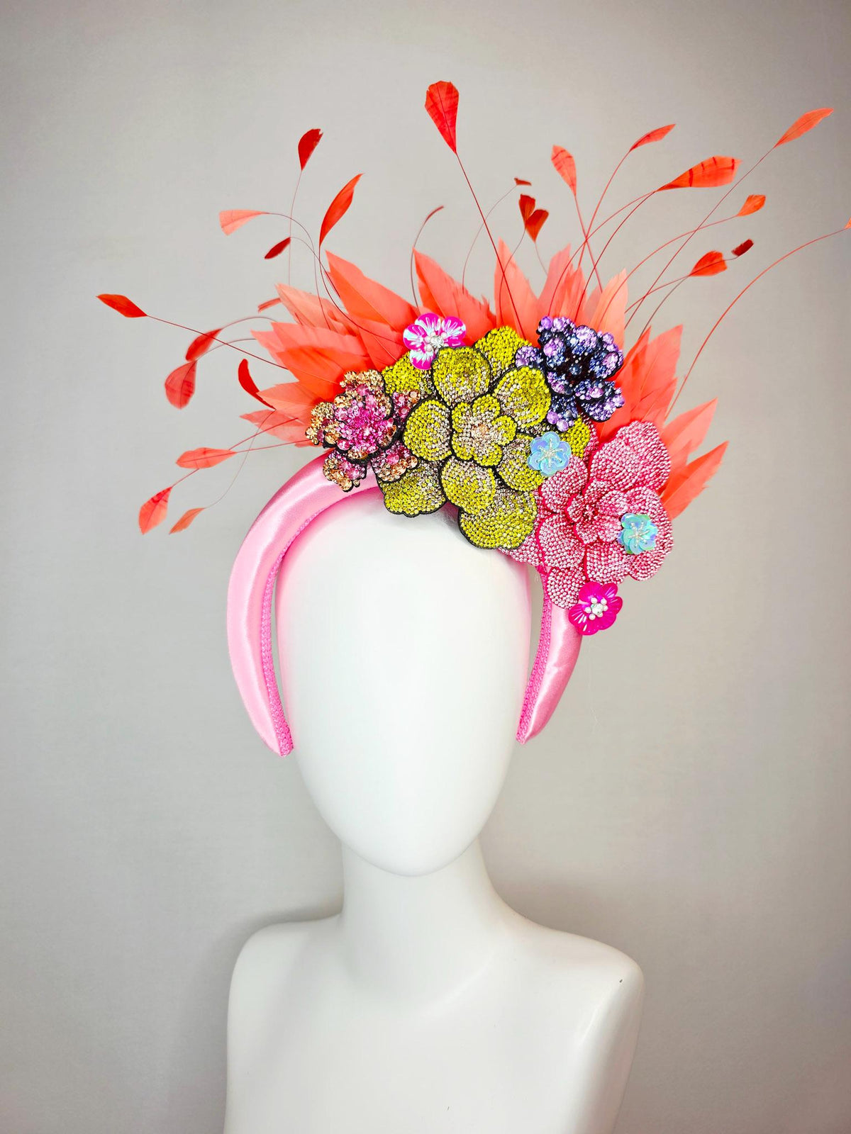 kentucky derby hat fascinator baby pink satin headband with colorful lavender purple yellow pink gold crystal flowers coral orange feathers