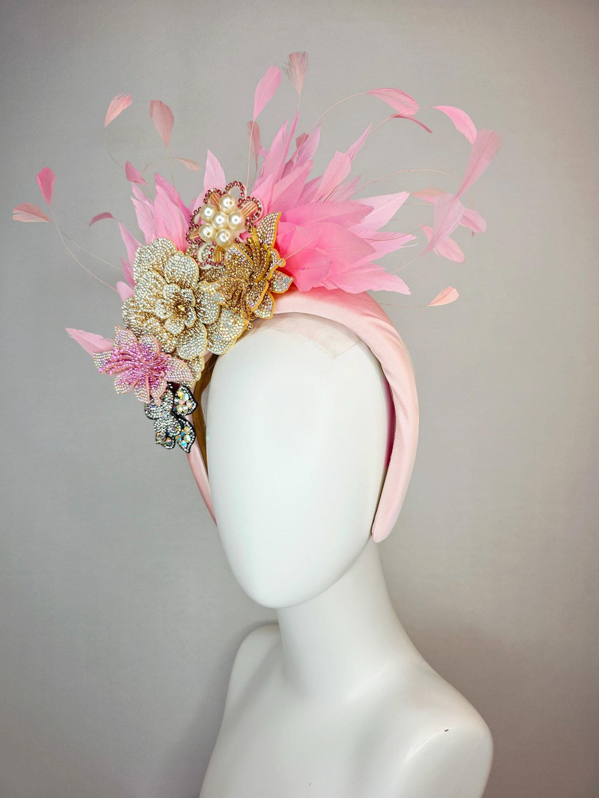 kentucky derby hat fascinator light pink satin headband iridescent pink cooper gold pearl crystal flowers and baby pink branching feathers