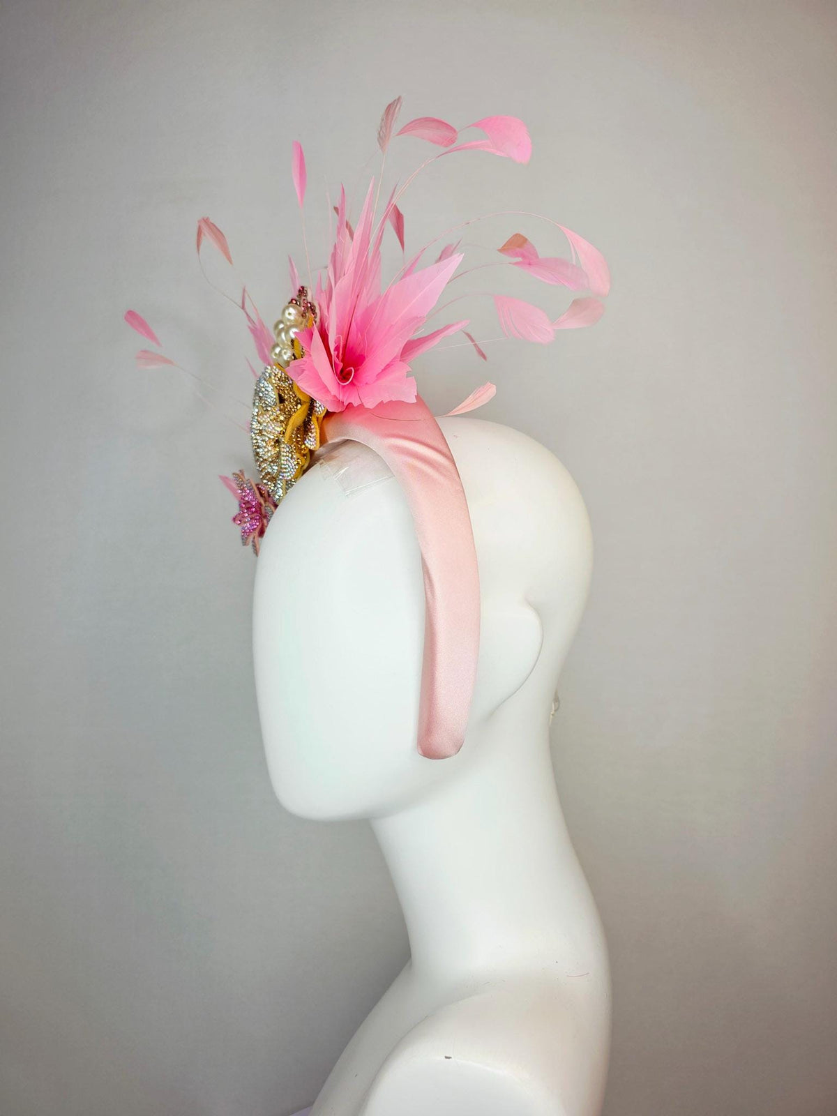 kentucky derby hat fascinator light pink satin headband iridescent pink cooper gold pearl crystal flowers and baby pink branching feathers