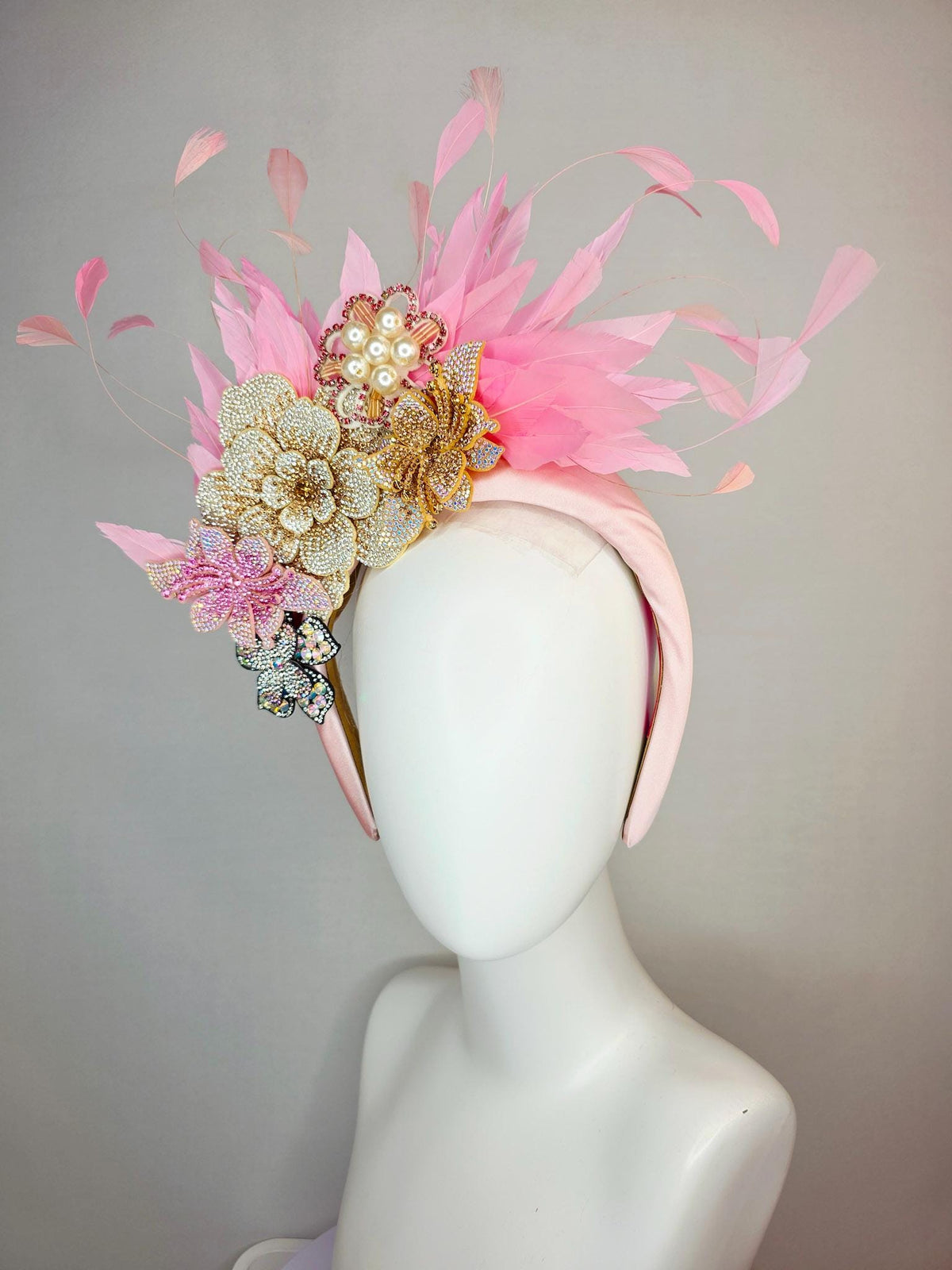 kentucky derby hat fascinator light pink satin headband iridescent pink cooper gold pearl crystal flowers and baby pink branching feathers