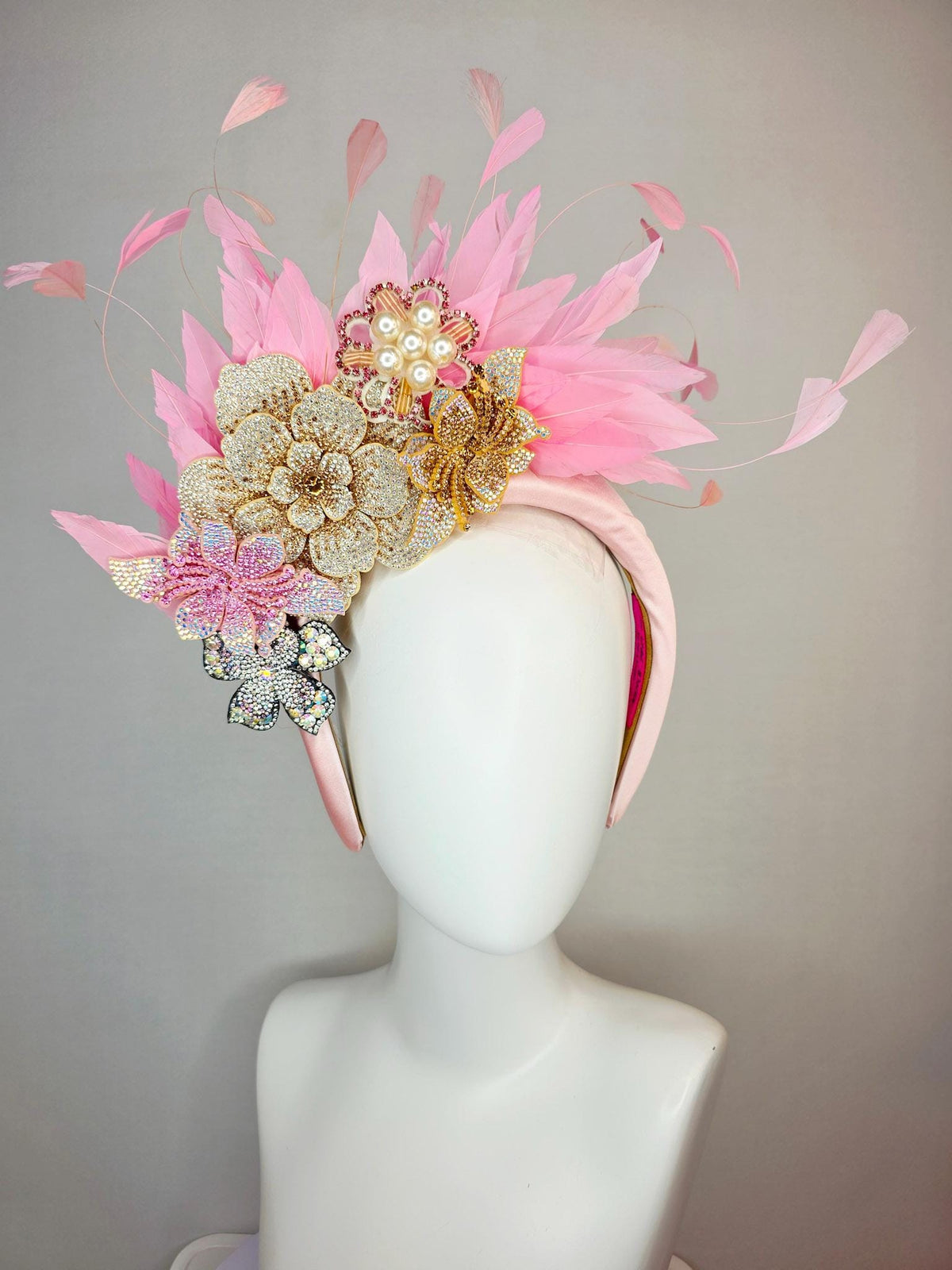 kentucky derby hat fascinator light pink satin headband iridescent pink cooper gold pearl crystal flowers and baby pink branching feathers