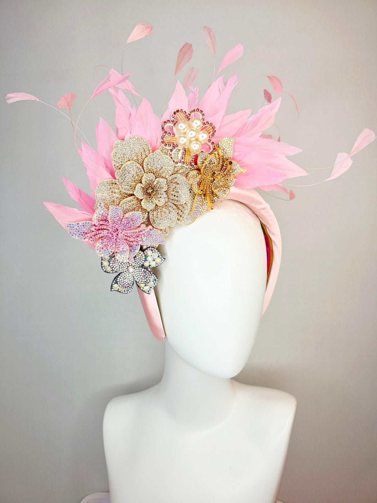 kentucky derby hat fascinator light pink satin headband iridescent pink cooper gold pearl crystal flowers and baby pink branching feathers