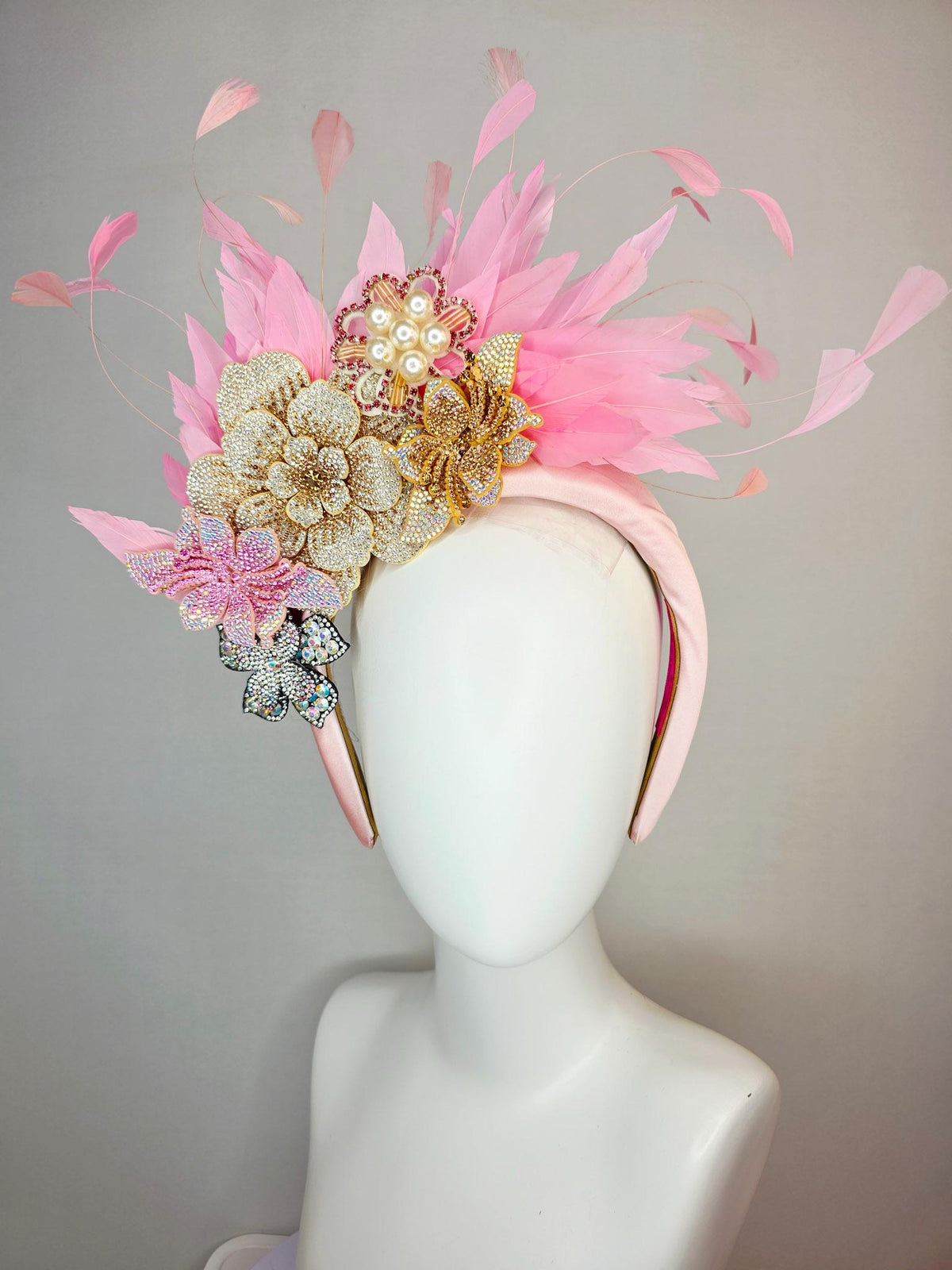 kentucky derby hat fascinator light pink satin headband iridescent pink cooper gold pearl crystal flowers and baby pink branching feathers