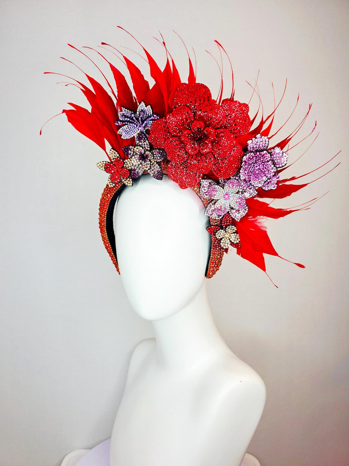 kentucky derby hat fascinator red Swarovski crystal headband with lavender lilac purple pink gold red crystal flowers scarlet red feathers