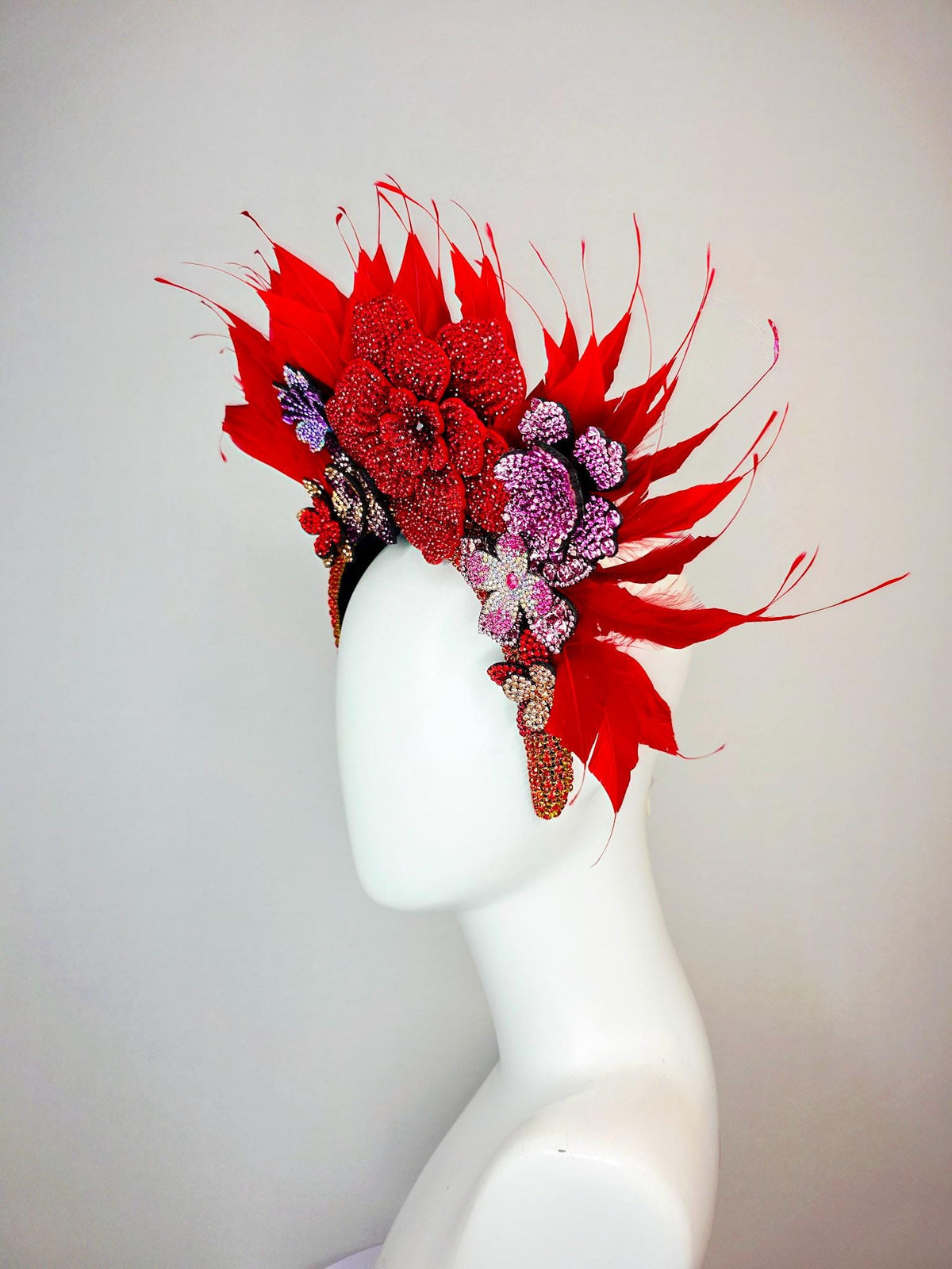 kentucky derby hat fascinator red Swarovski crystal headband with lavender lilac purple pink gold red crystal flowers scarlet red feathers
