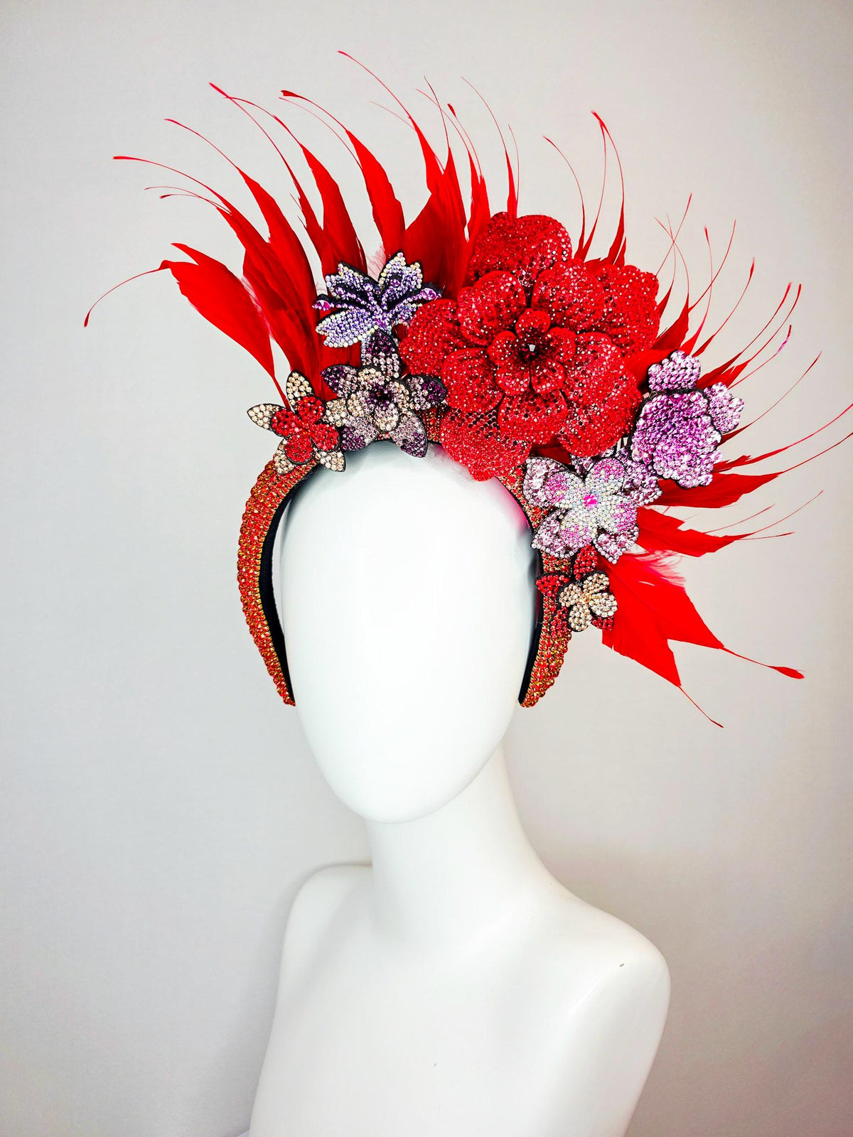 kentucky derby hat fascinator red Swarovski crystal headband with lavender lilac purple pink gold red crystal flowers scarlet red feathers