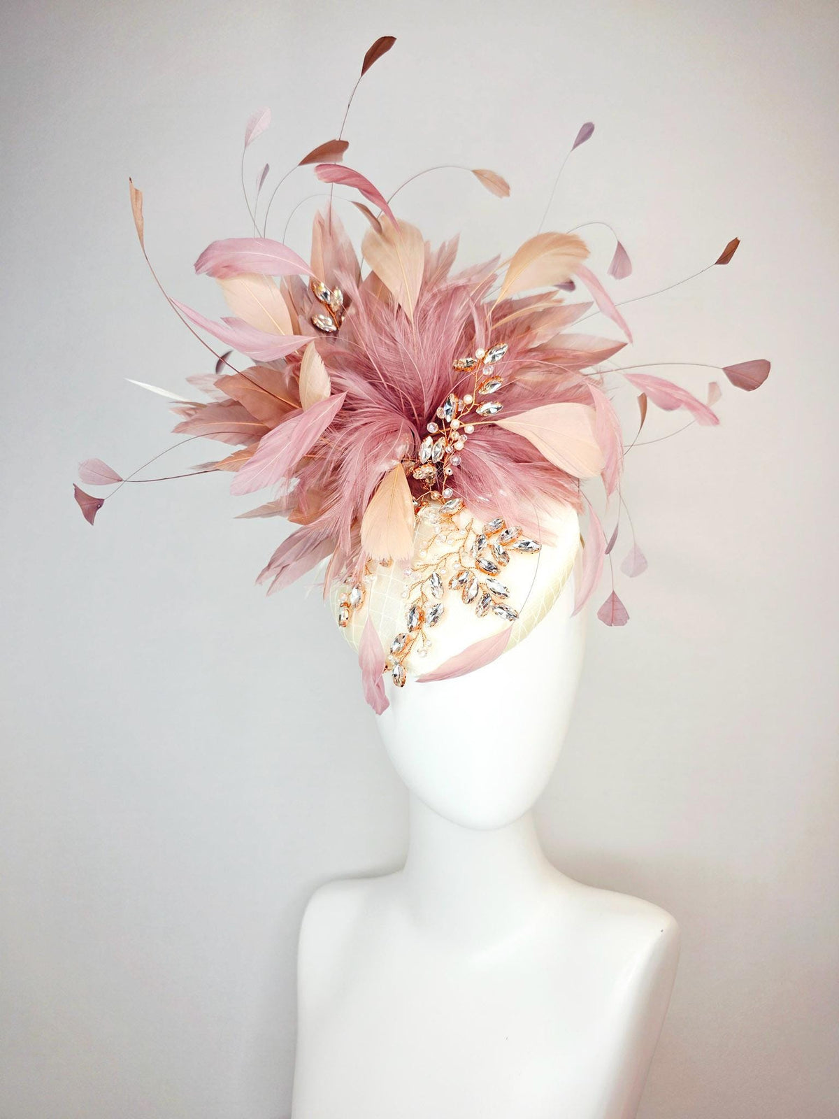kentucky derby hat fascinator champagne ivory satin with netting leaf vine crystal pearl rhinestone dusty rose mauve pink white feathers