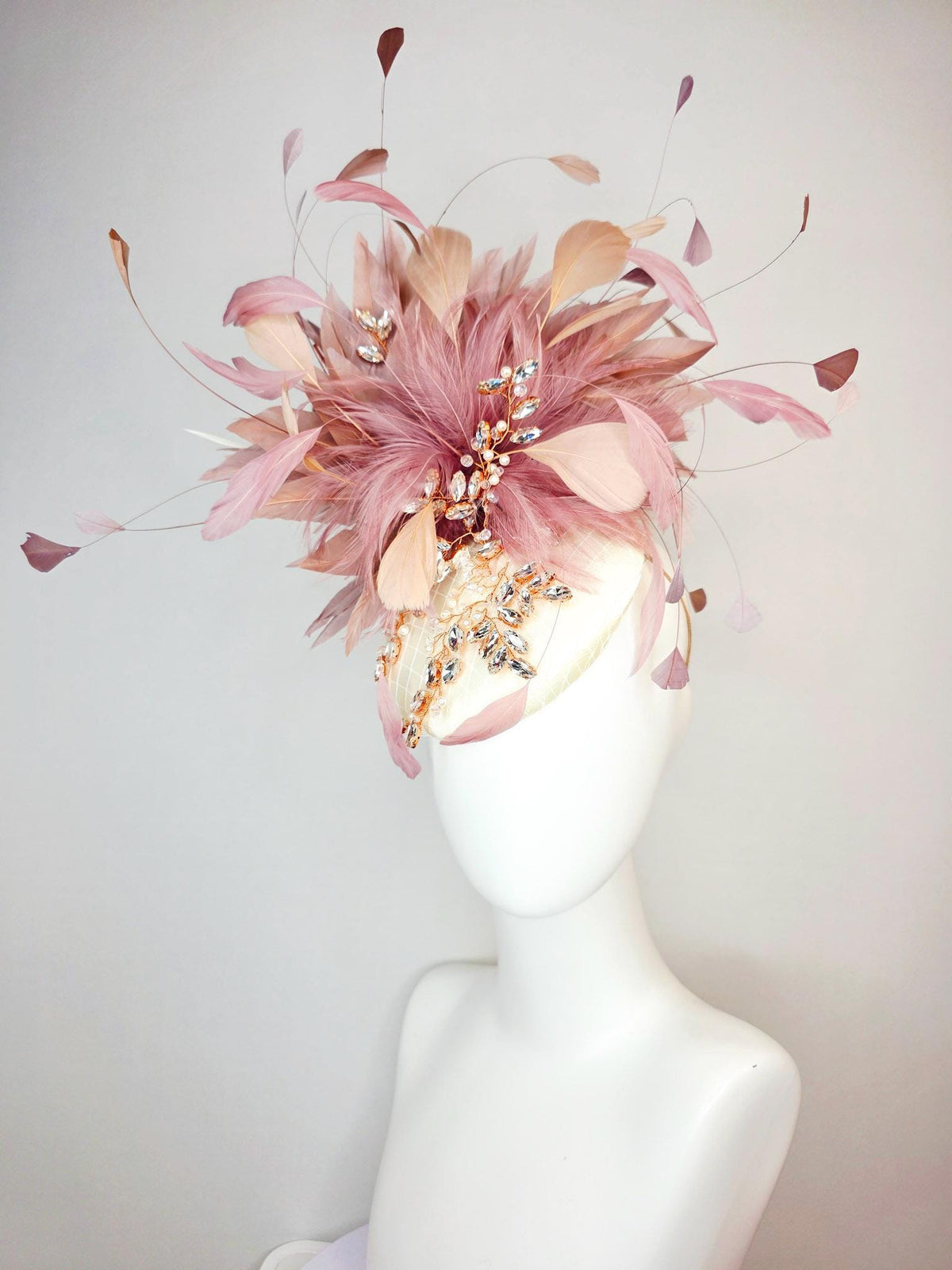 kentucky derby hat fascinator champagne ivory satin with netting leaf vine crystal pearl rhinestone dusty rose mauve pink white feathers