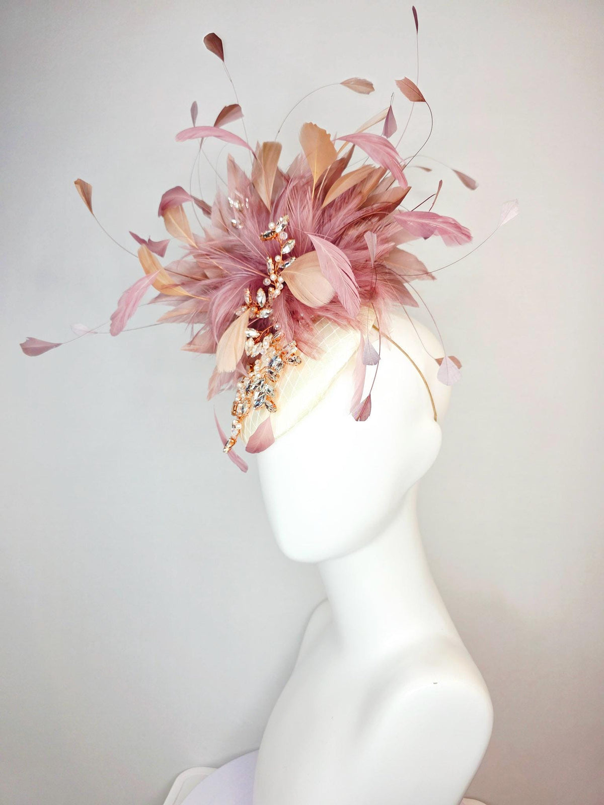 kentucky derby hat fascinator champagne ivory satin with netting leaf vine crystal pearl rhinestone dusty rose mauve pink white feathers