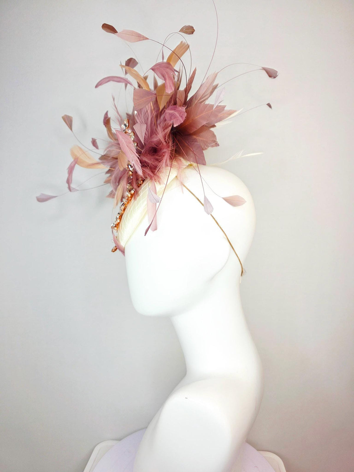 kentucky derby hat fascinator champagne ivory satin with netting leaf vine crystal pearl rhinestone dusty rose mauve pink white feathers