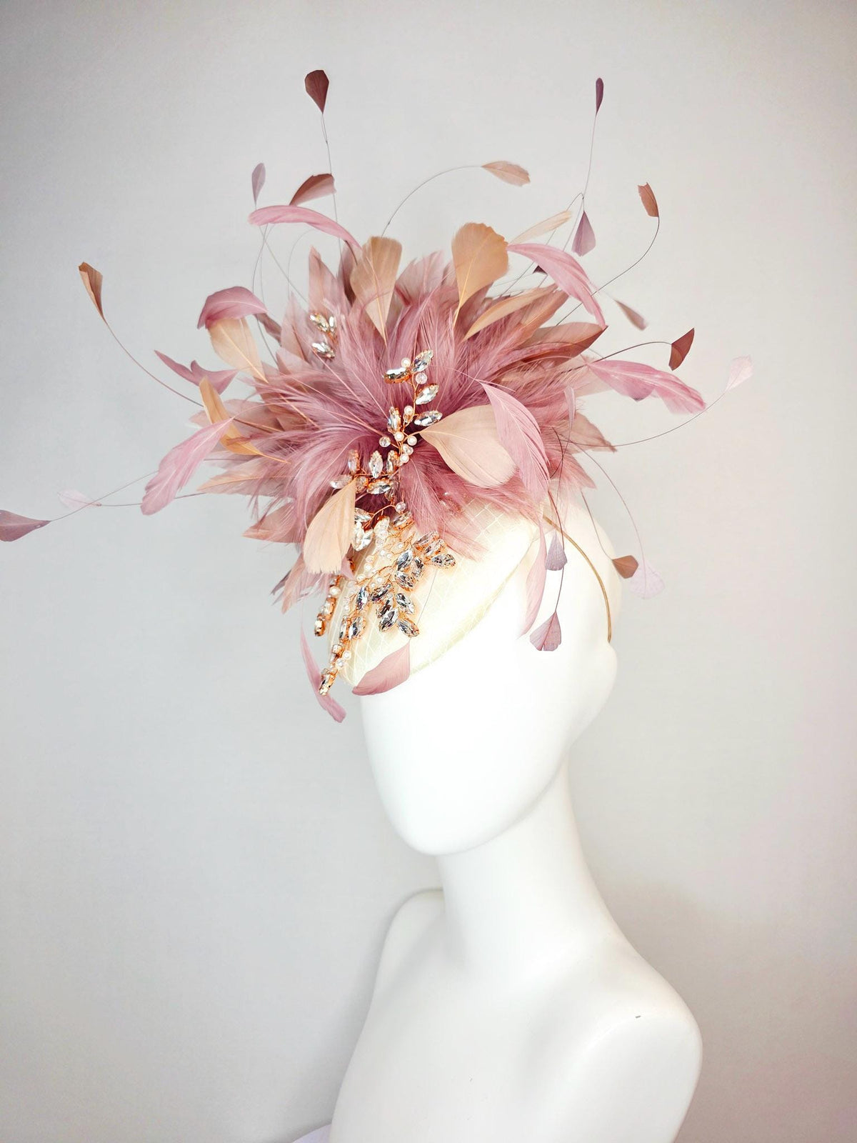 kentucky derby hat fascinator champagne ivory satin with netting leaf vine crystal pearl rhinestone dusty rose mauve pink white feathers