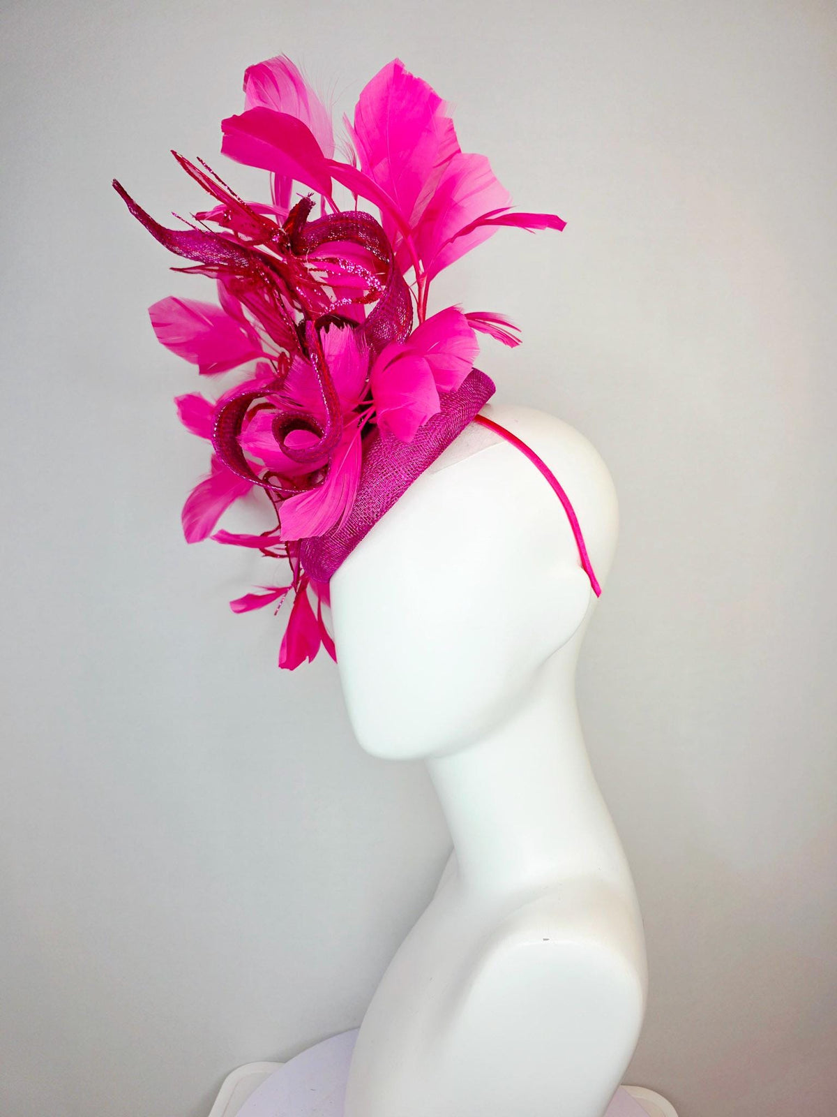 kentucky derby hat fascinator magenta pink sinamay with curls pink ombre satin flowers fuchsia pink feathers hot pink glitter butterflies