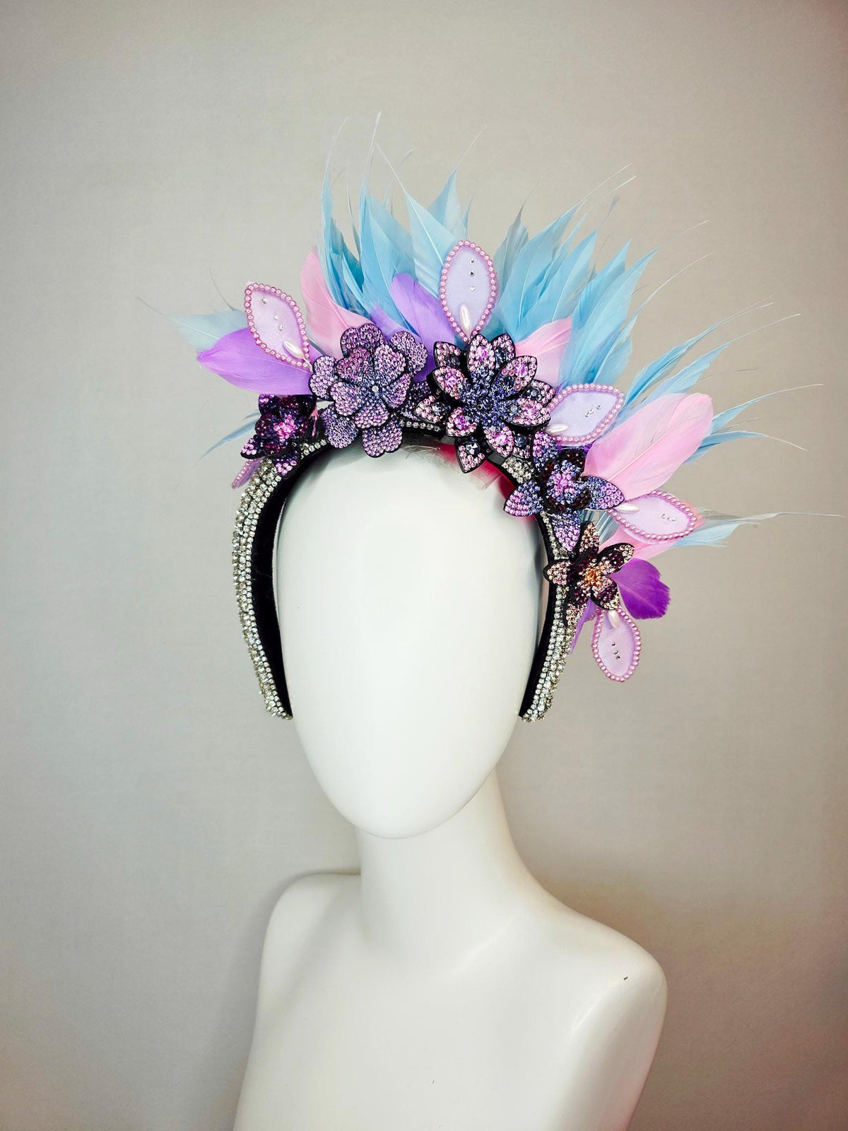 kentucky derby hat fascinator swarovski crystal headband lilac purple blue black crystal flowers sky blue lavender purple baby pink feathers