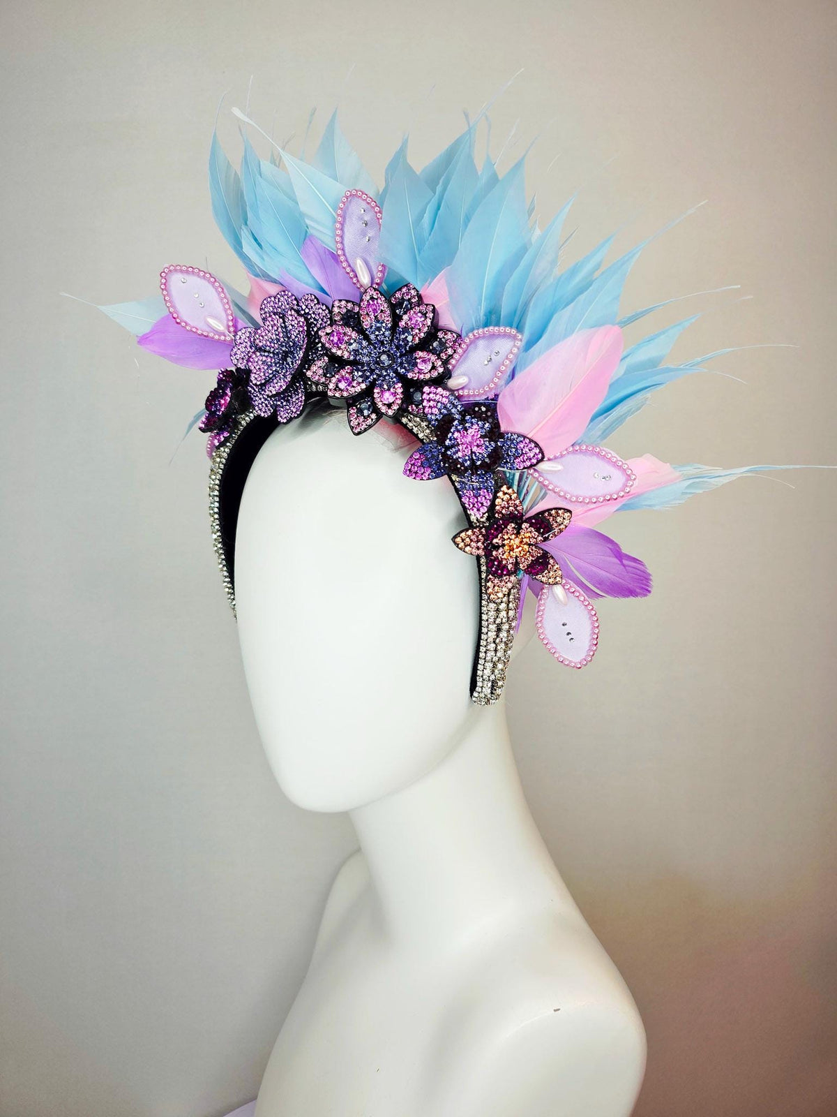 kentucky derby hat fascinator swarovski crystal headband lilac purple blue black crystal flowers sky blue lavender purple baby pink feathers