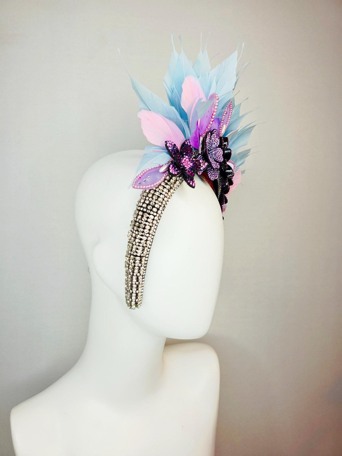 kentucky derby hat fascinator swarovski crystal headband lilac purple blue black crystal flowers sky blue lavender purple baby pink feathers