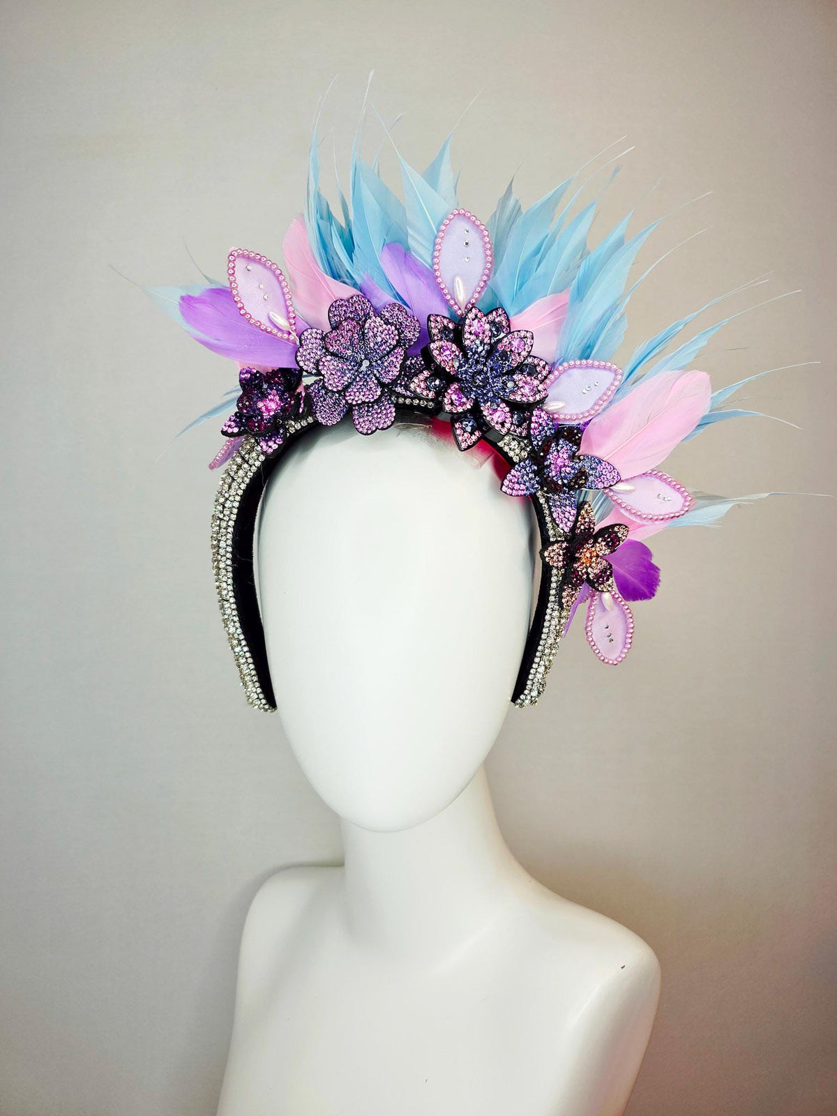 kentucky derby hat fascinator swarovski crystal headband lilac purple blue black crystal flowers sky blue lavender purple baby pink feathers