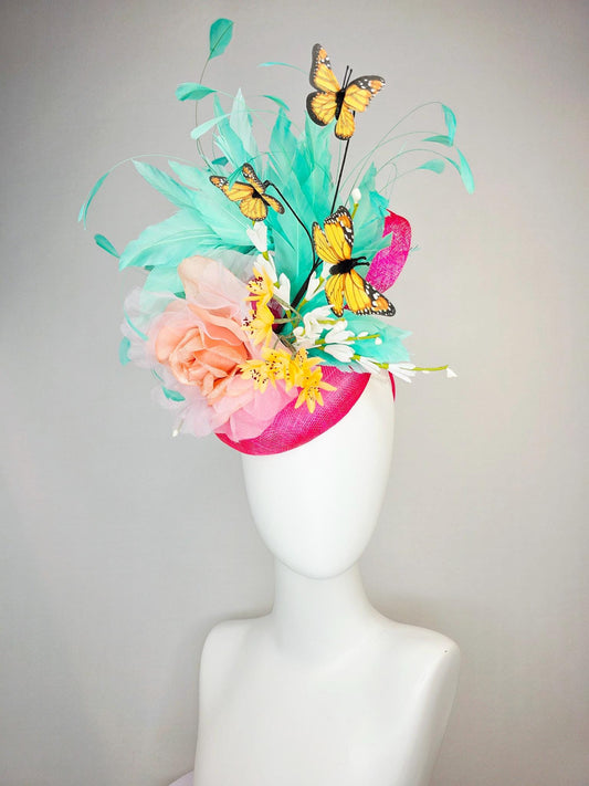 kentucky derby hat fascinator hot pink sinamay with peach organza rose yellow and white flowers green mint feathers and yellow butterflies