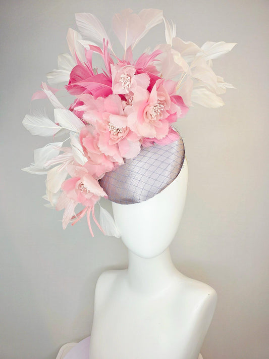 kentucky derby hat fascinator silver gray silk with netting light baby pink organza flowers blush pink and ivory white branching feathers