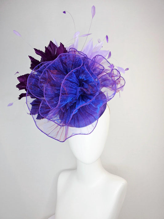 kentucky derby hat fascinator purple sinamay with large purple blue organza flower lavender and violet purple branching feathers