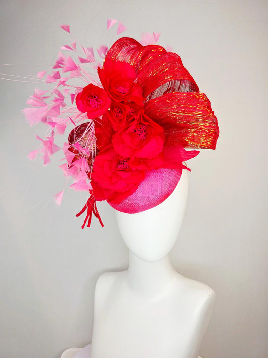 kentucky derby hat fascinator hot pink sinamay with scarlet red satin flowers red metallic silk ribbon and blush pink branching feathers