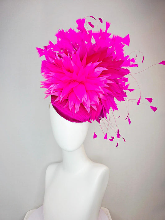 kentucky derby hat fascinator hot pink fuchsia satin with netting fluffy bright fuchsia pink feathers and hot pink fuchsia branching feather