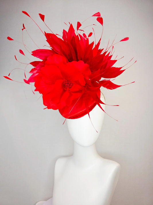 kentucky derby hat fascinator scarlet red satin with netting large bright red satin silk flower and scarlet bright red branching feathers