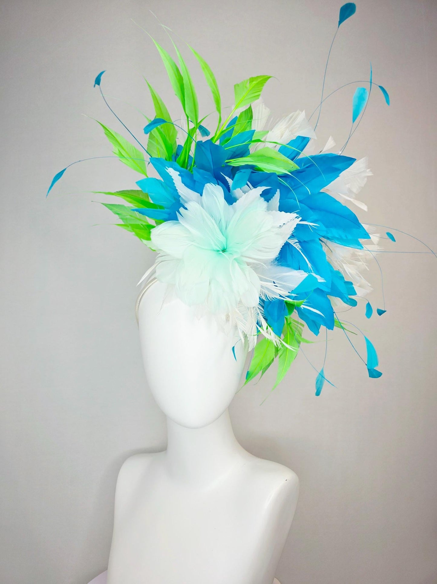 kentucky derby hat fascinator white light mint feather flower with turquoise blue lime green and white branching feathers