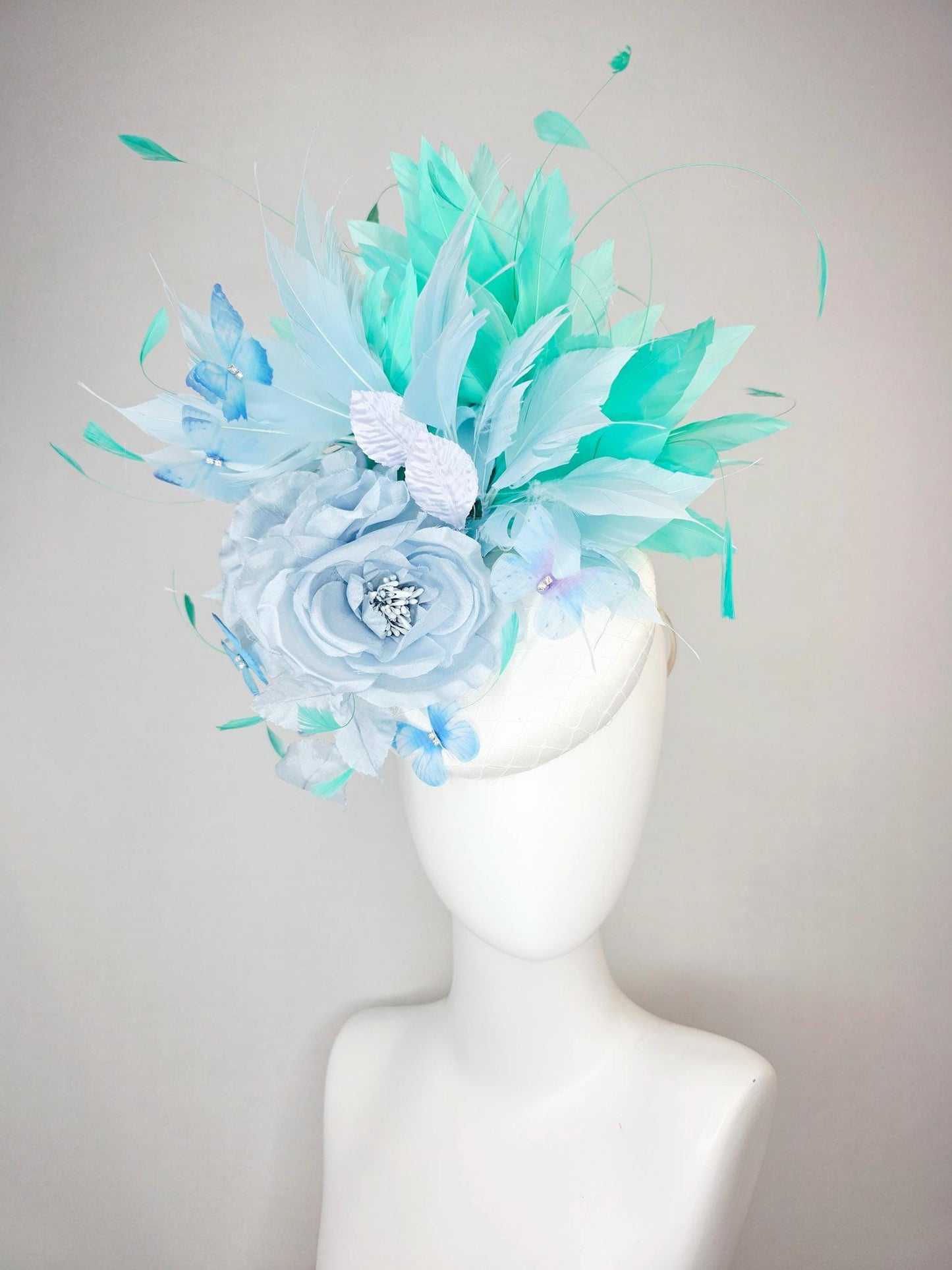 kentucky derby hat fascinator white satin with netting light blue organza rose light blue green mint aqua feathers sky blue butterflies