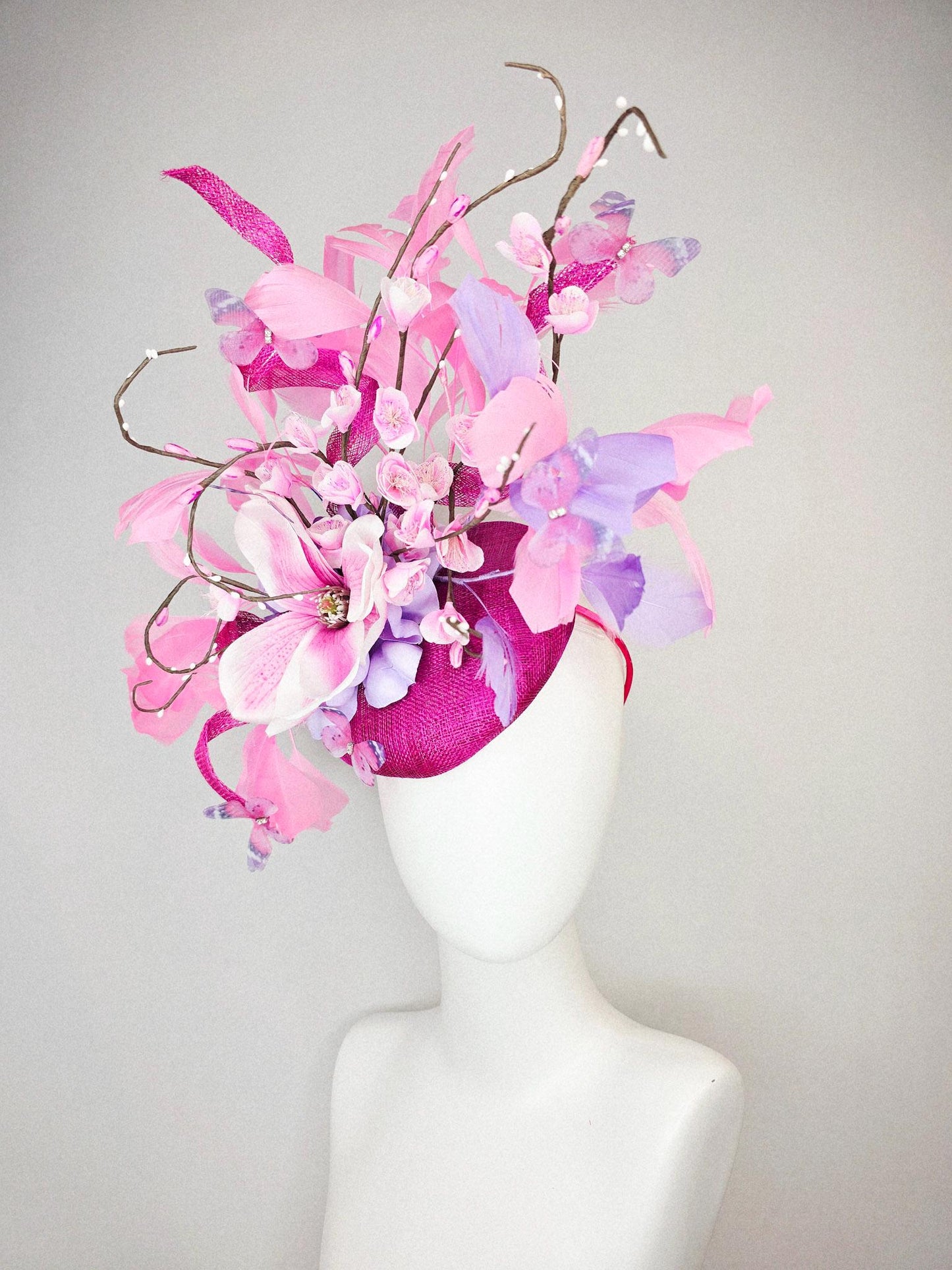 kentucky derby hat fascinator magenta pink sinamay light pink flowers blush pink lavender purple branching feathers baby pink butterflies