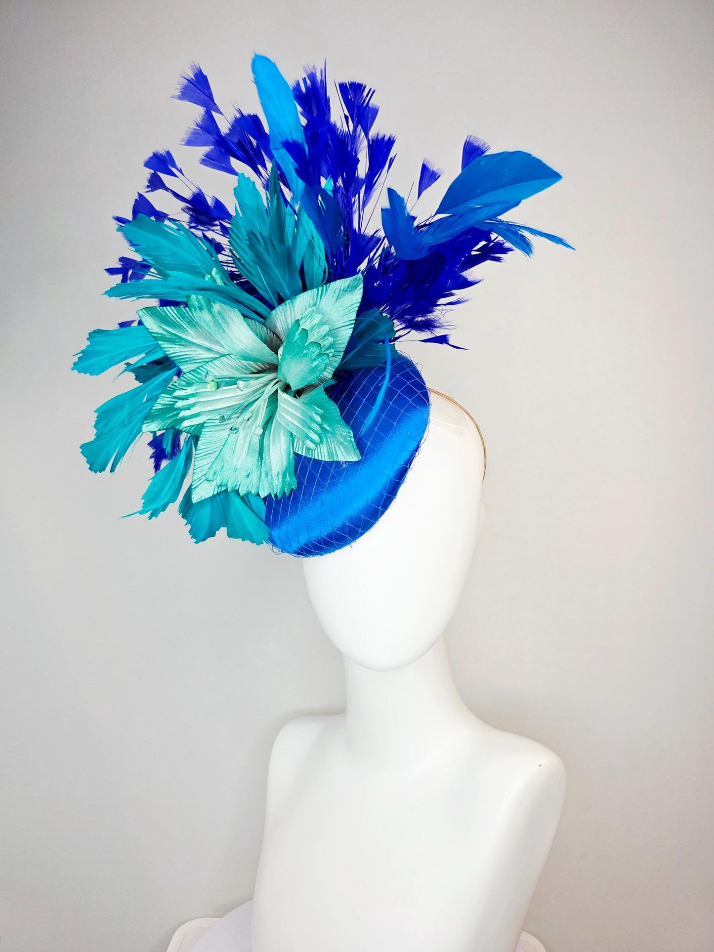 kentucky derby hat fascinator cobalt blue satin with netting teal blue ombre satin flower teal turquoise royal blue branching feathers